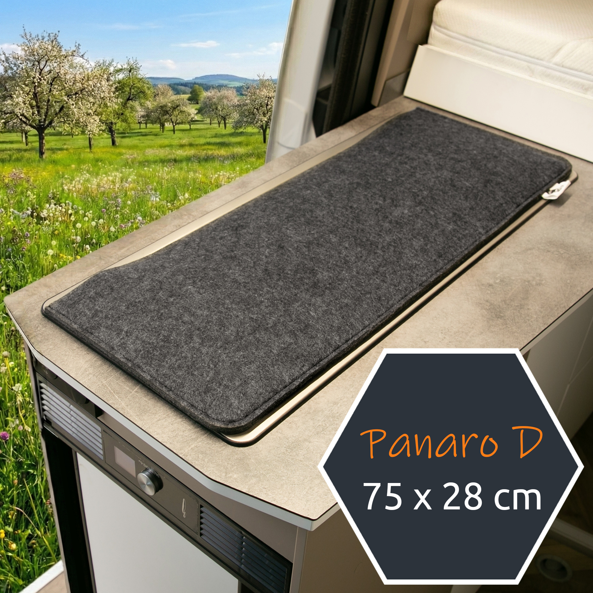 Protection en feutre gris Panaro D 75 x 28 cm pour cuisinière et évier dans camping-car, posée sur un plan de travail, adaptée pour réduire les vibrations et protéger les surfaces en verre.