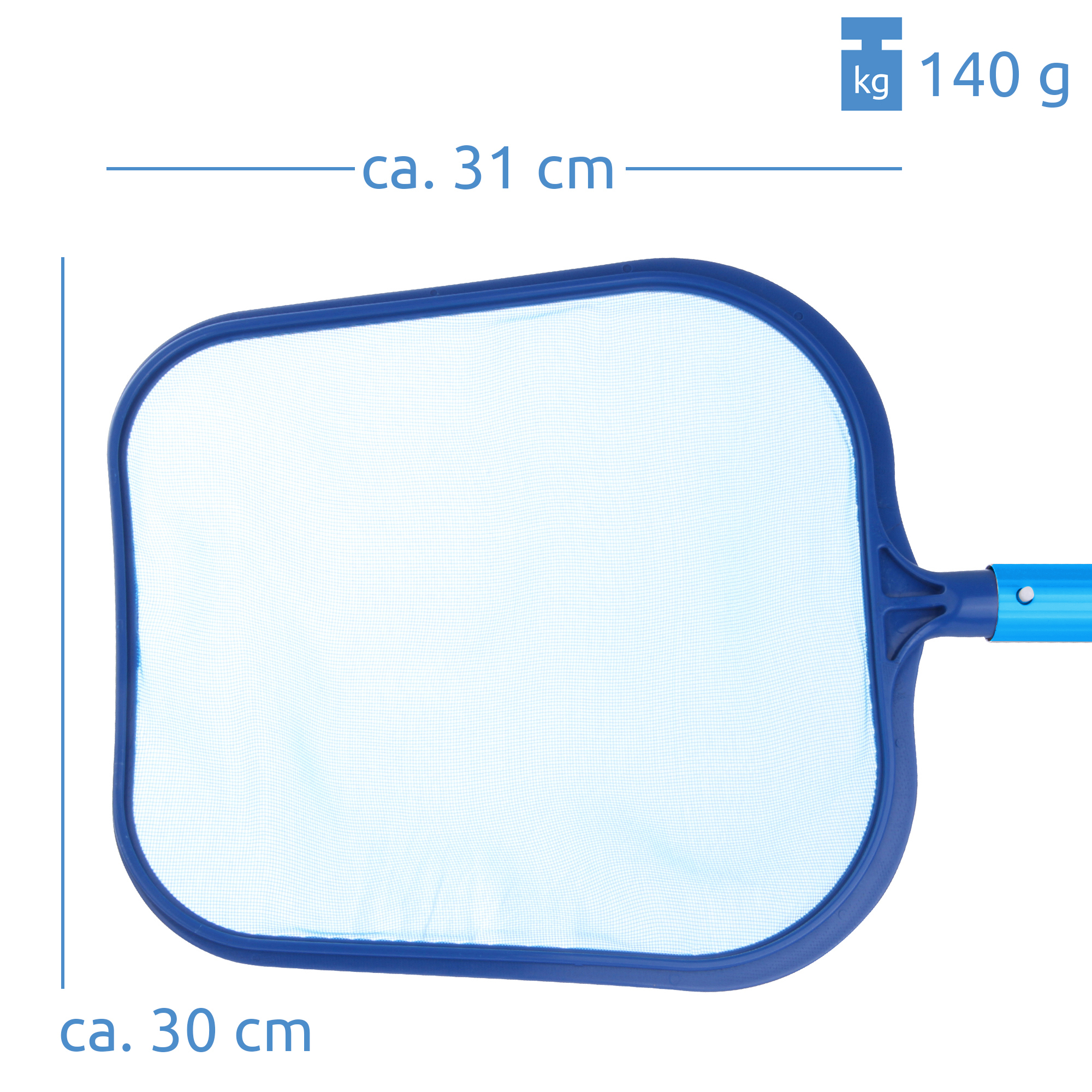 Red de superficie yourGEAR para piscina, rectangular, con marco azul y malla blanca, dimensiones aproximadas 31 x 30 cm, peso 140 g, ideal para limpieza de piscinas, parte del set de limpieza PCS 6 piezas.