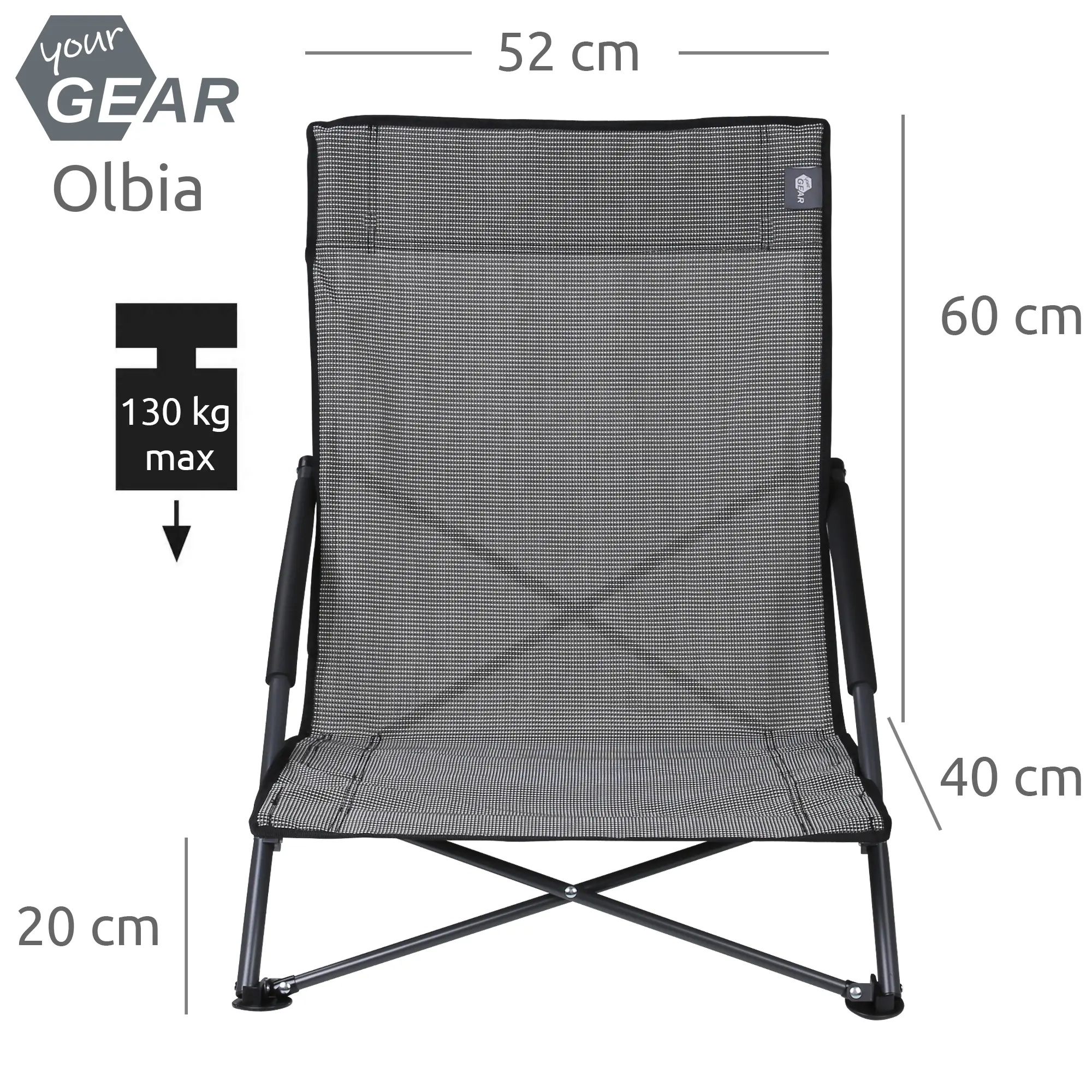 Silla de playa your GEAR Olbia de textileno tricolor, respaldo alto, reposacabezas acolchado, estructura estable negra, soporta hasta 130 kg, medidas: 52x60x40x20 cm, ligera y fácil de transportar.