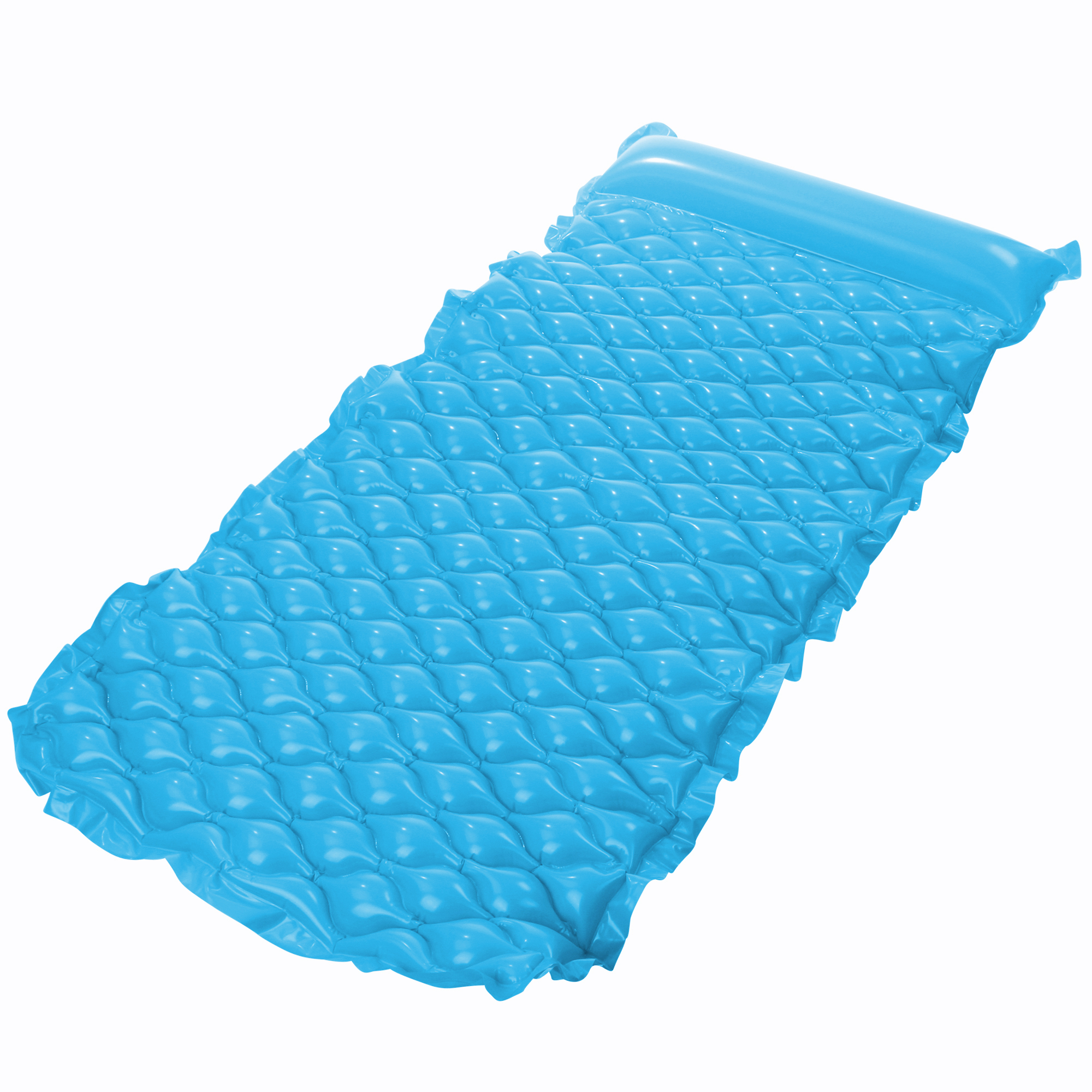 Blaue Jilong Wave Mat Luftmatratze 218x88cm mit Waffelstruktur und integrierter Kopfstütze, geeignet für Pool, Strand und See, ideal für eine Person zum Sonnen, Schwimmen und Entspannen.