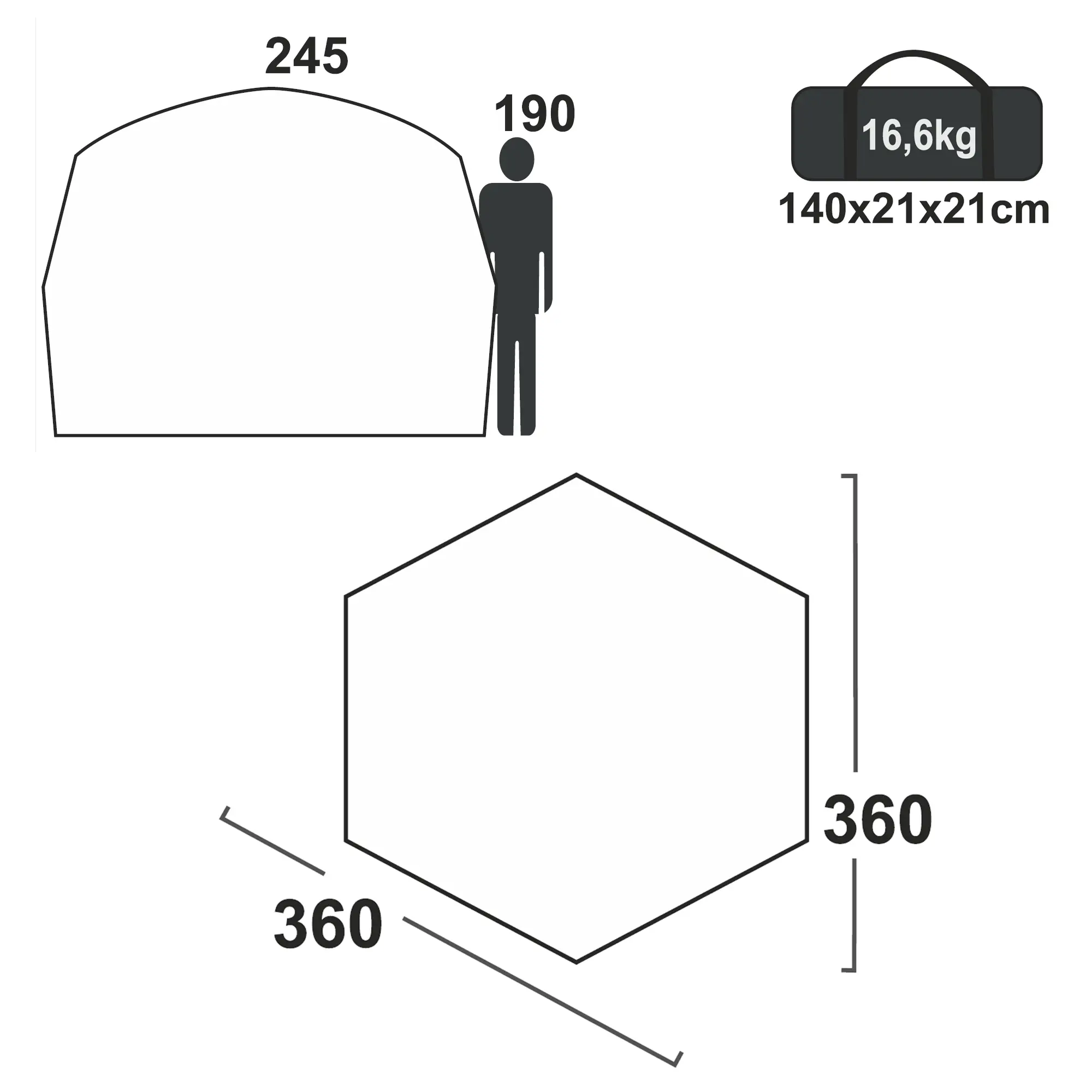 Schéma du pavillon yourGEAR Levanzo : tente hexagonale de 360 cm de diamètre, 245 cm de hauteur, espace pour 4-6 personnes, sac de transport de 140x21x21 cm, poids 16,6 kg.