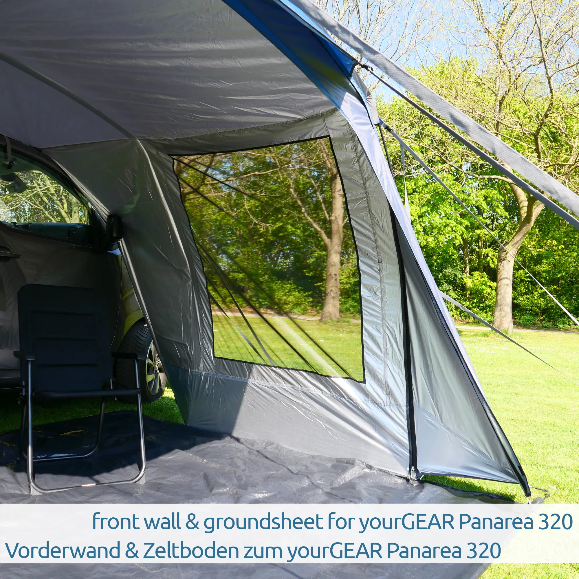 Set de accesorios yourGEAR Panarea 320: pared frontal con ventana y suelo para tienda, compatible con bus o furgoneta, tejido gris Oxford 150D, puerta con cremallera, protección total para camping.