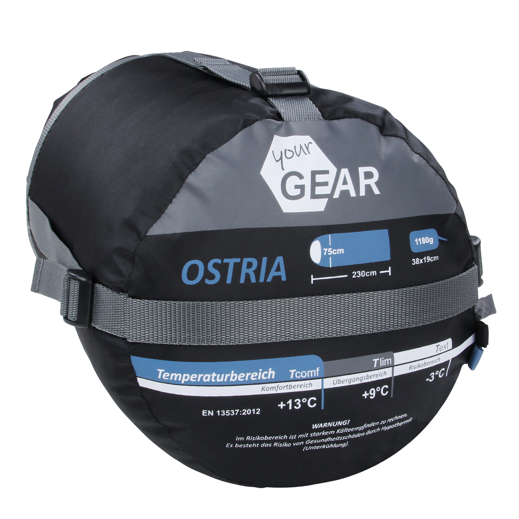 Saco de dormir yourGEAR Ostria azul y gris, empacado en bolsa de compresión, medidas 230x75cm, peso 1180g, indicado para temperaturas hasta -3°C, ideal para verano y trekking, tamaño compacto.