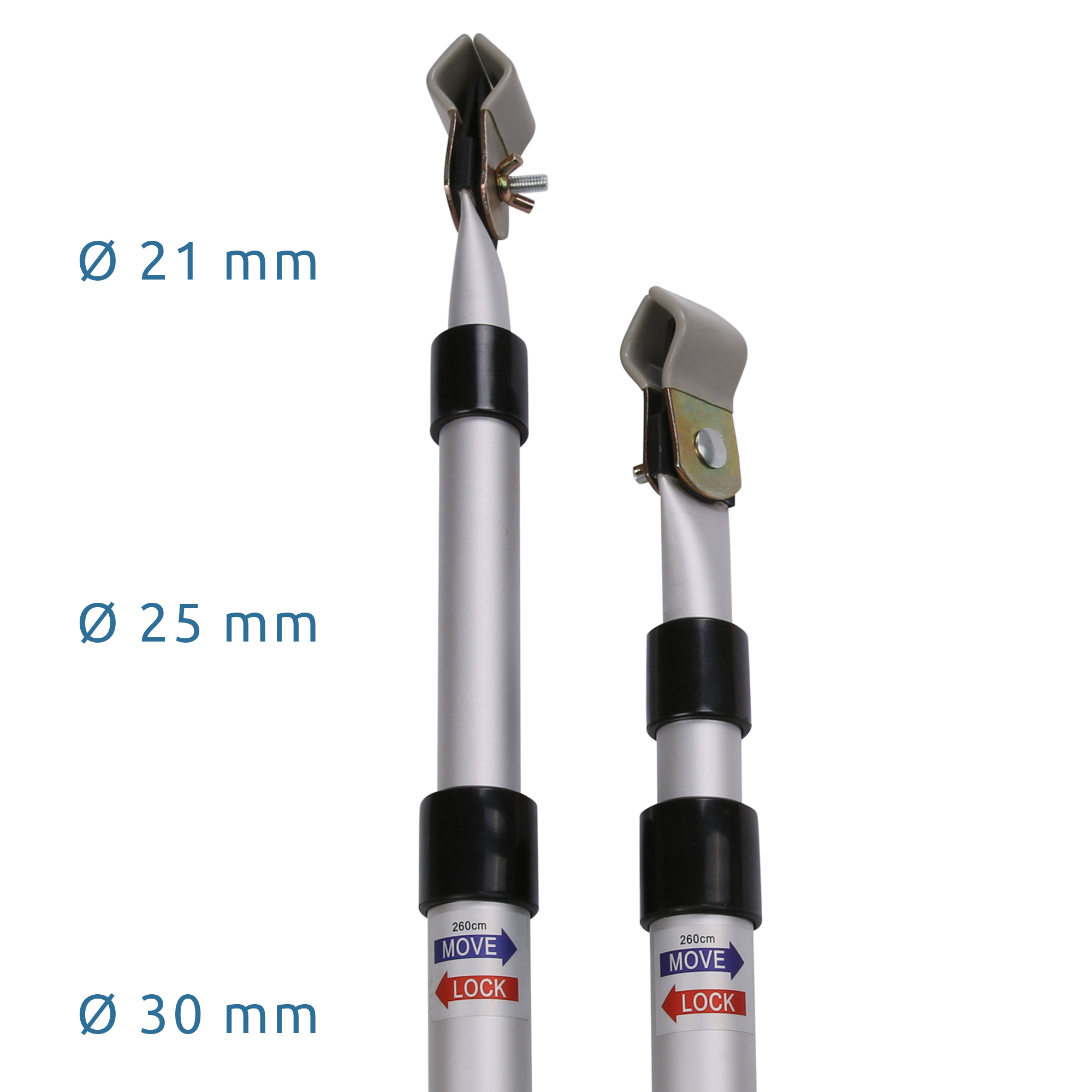 your GEAR Rear Upright Pole Set: two telescopic pressure rods for caravan awnings, silver with black locks, adjustable from 108 to 260 cm, labeled with diameters 21 mm, 25 mm, and 30 mm, sturdy end caps.