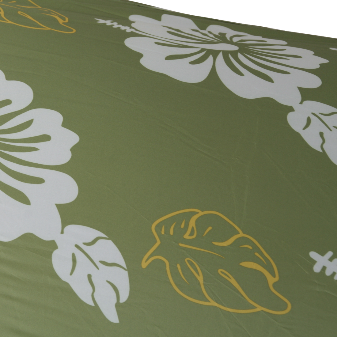 Grüne Oberfläche der 10T Pop Up Strandmuschel Flower mit großem weißen Hibiskus-Blumenmuster und gelb umrandeten Blättern, UV-Schutz 50+, für 2 Personen, ideal als Sonnenschutz am Strand.