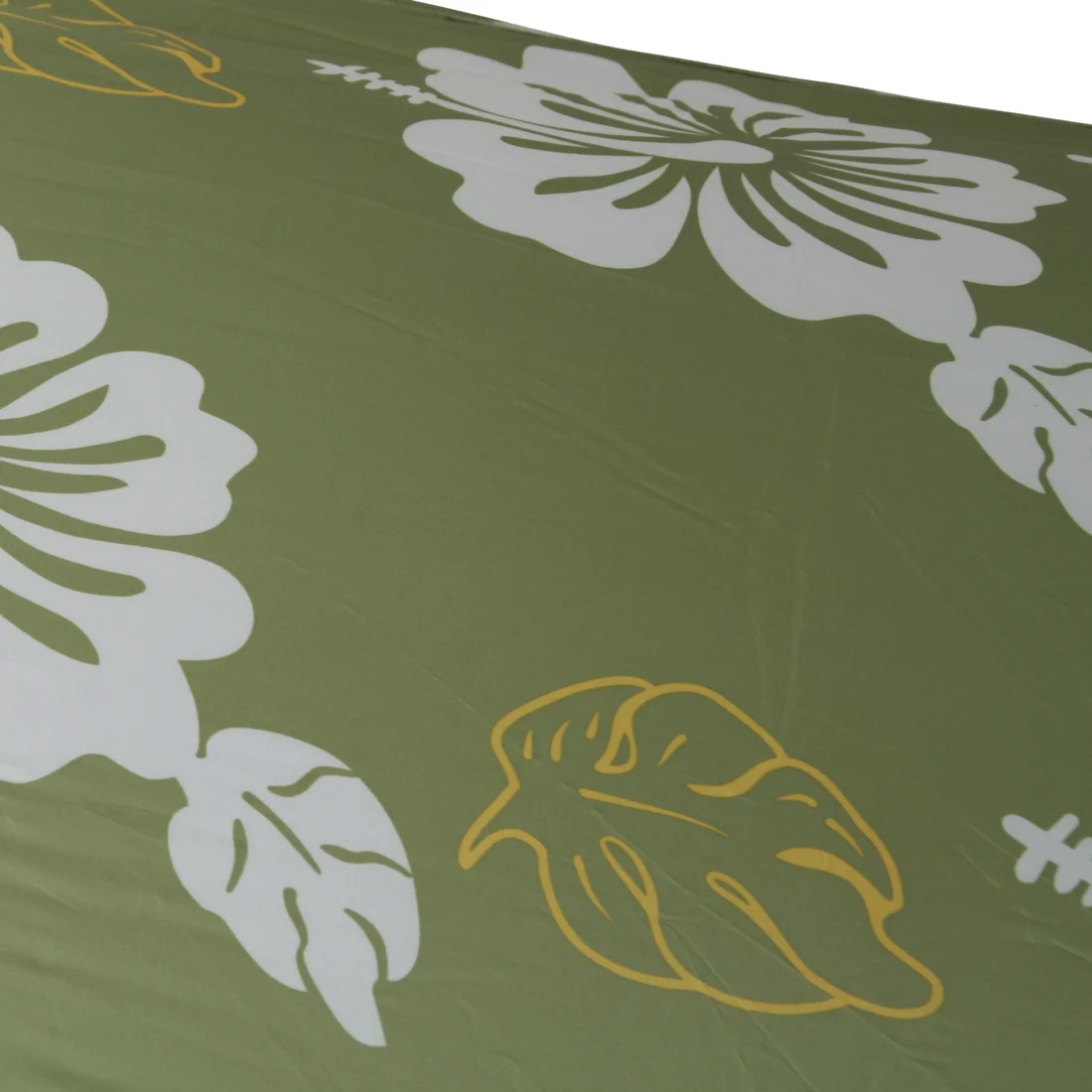 Grüne Oberfläche der 10T Pop Up Strandmuschel Flower mit großem weißen Hibiskus-Blumenmuster und gelb umrandeten Blättern, UV-Schutz 50+, für 2 Personen, ideal als Sonnenschutz am Strand.