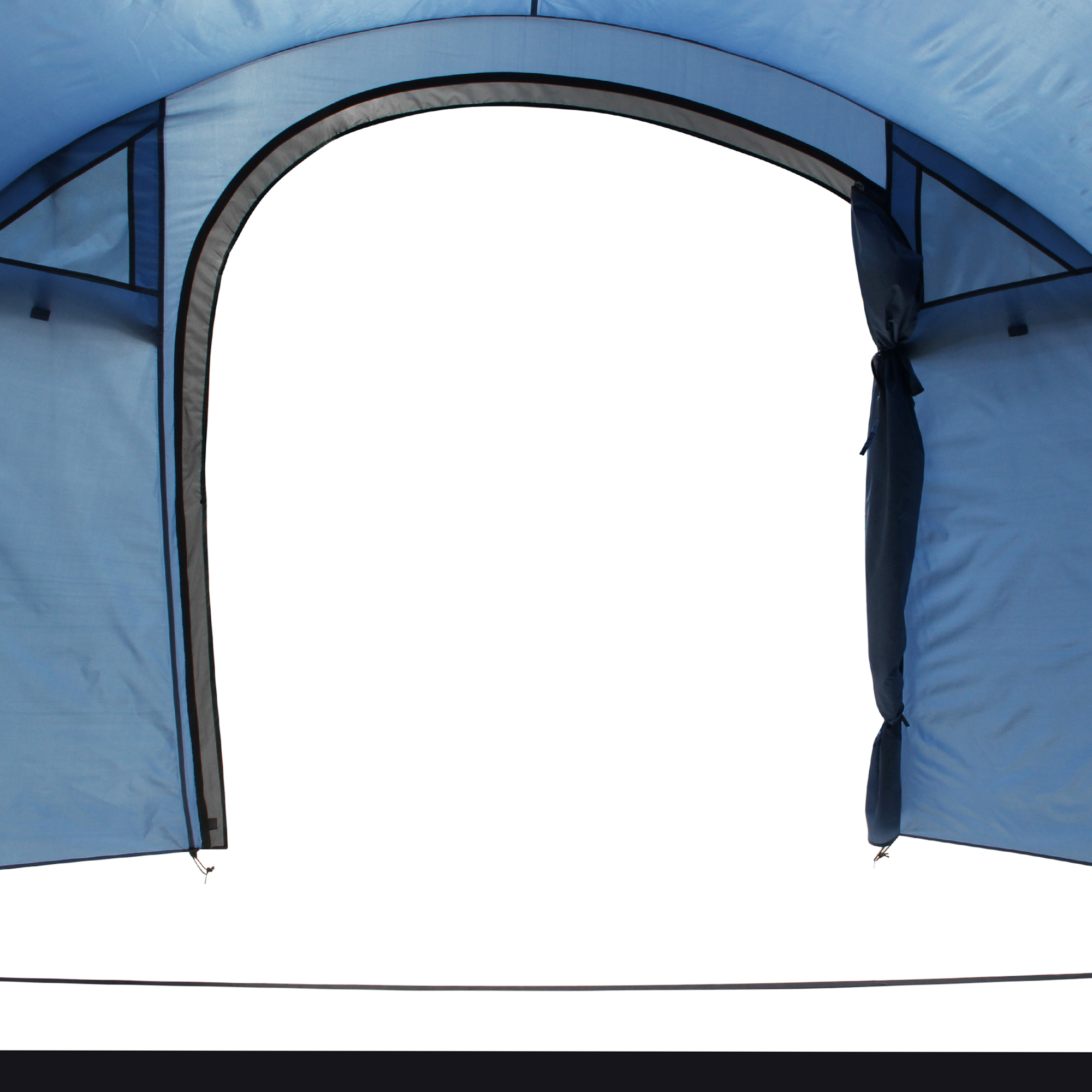 Open side entrance of the your GEAR Cetona 4 dome tent, showing blue and grey water-resistant fabric, large arched doorway, and spacious interior with standing height, suitable for 4 people.