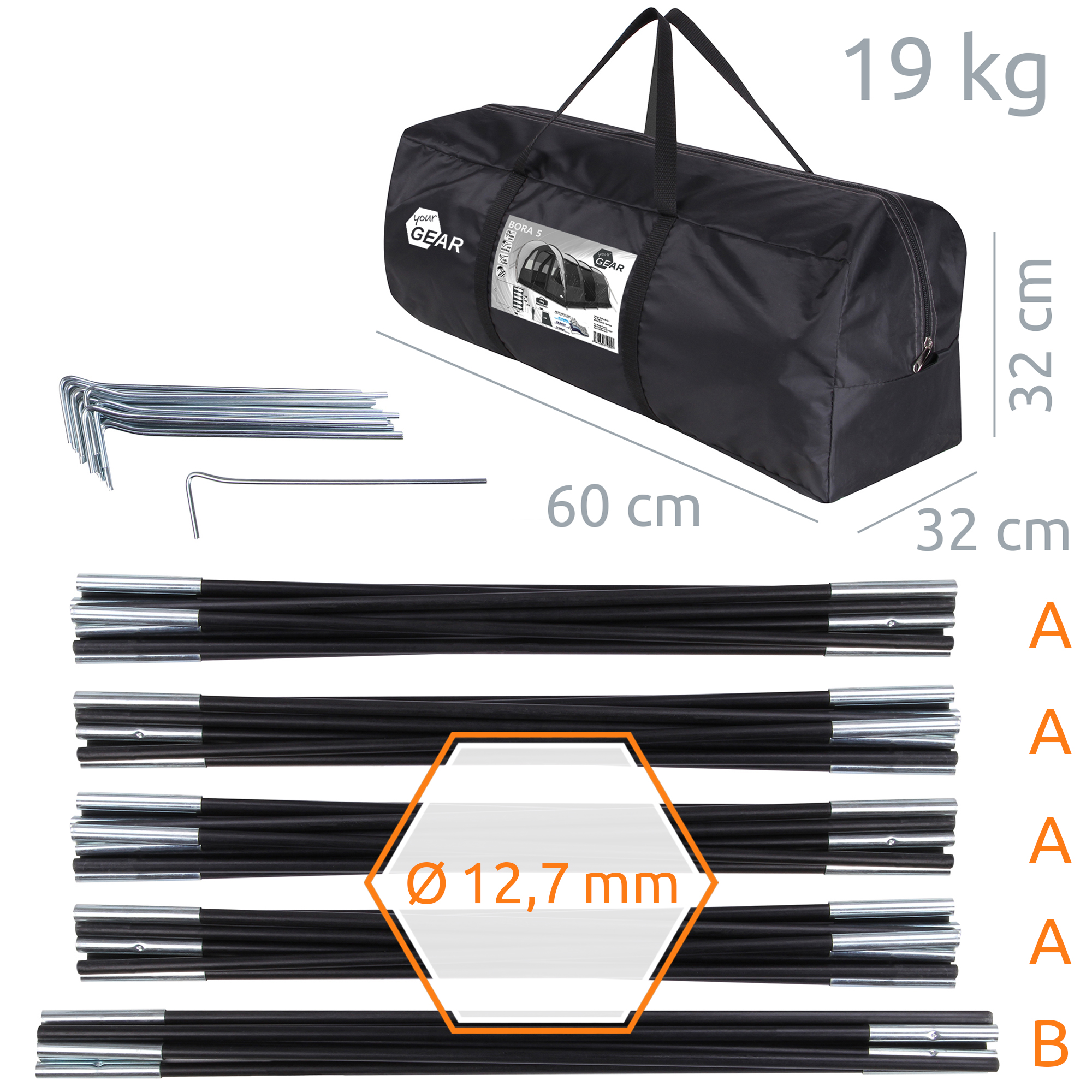 Sac de transport noir contenant le tente familial your GEAR Bora 5, barres de poteaux noires Ø12,7 mm, piquets métalliques et dimensions indiquées (60×32×32 cm), poids 19 kg — tunnelzelt gris pour 5 personnes.