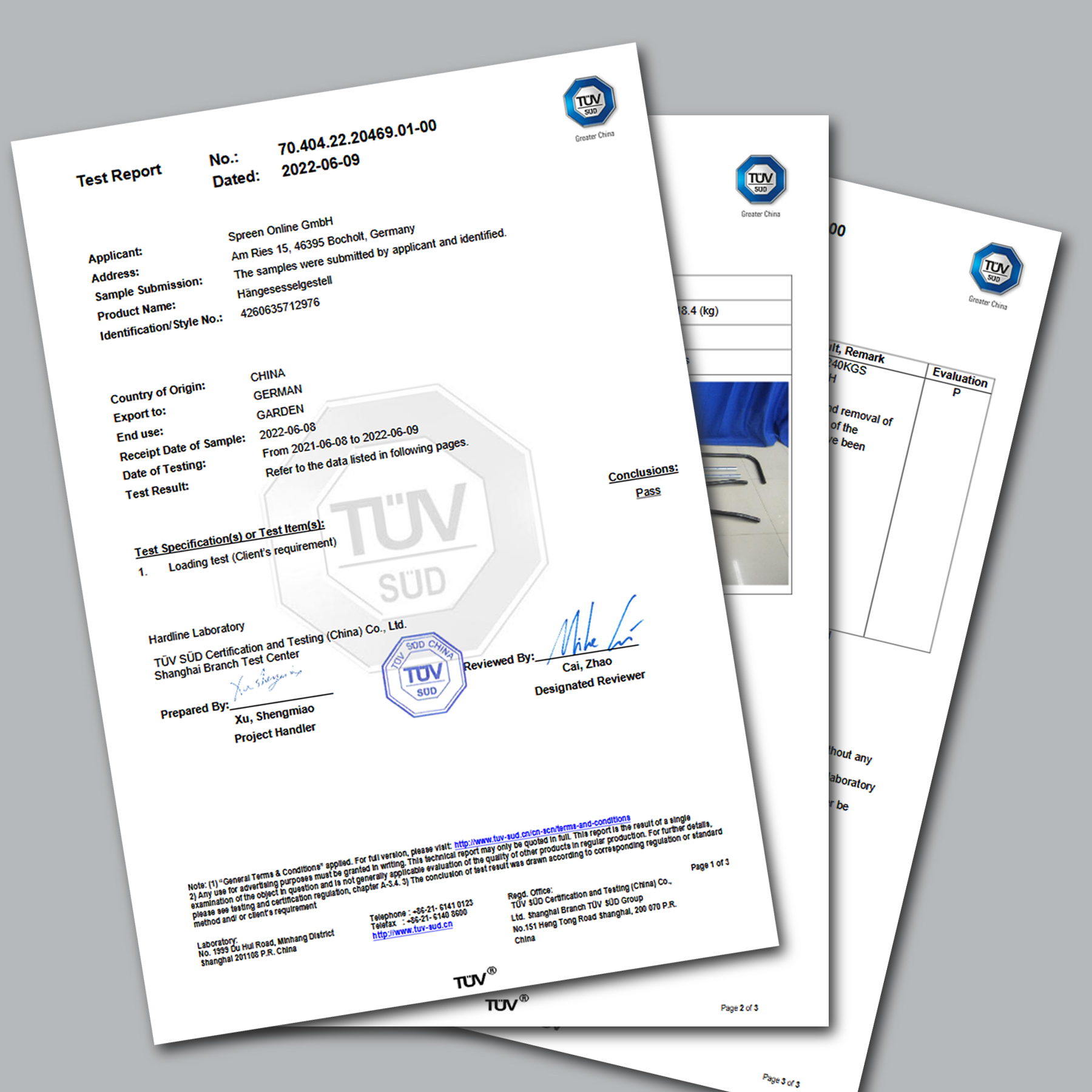 Certificato TÜV per il your GEAR Hängesesselgestell, documenti che attestano la sicurezza e la resistenza del supporto per sedia sospesa, portata massima 240 kg, test superato e omologazione visibile.