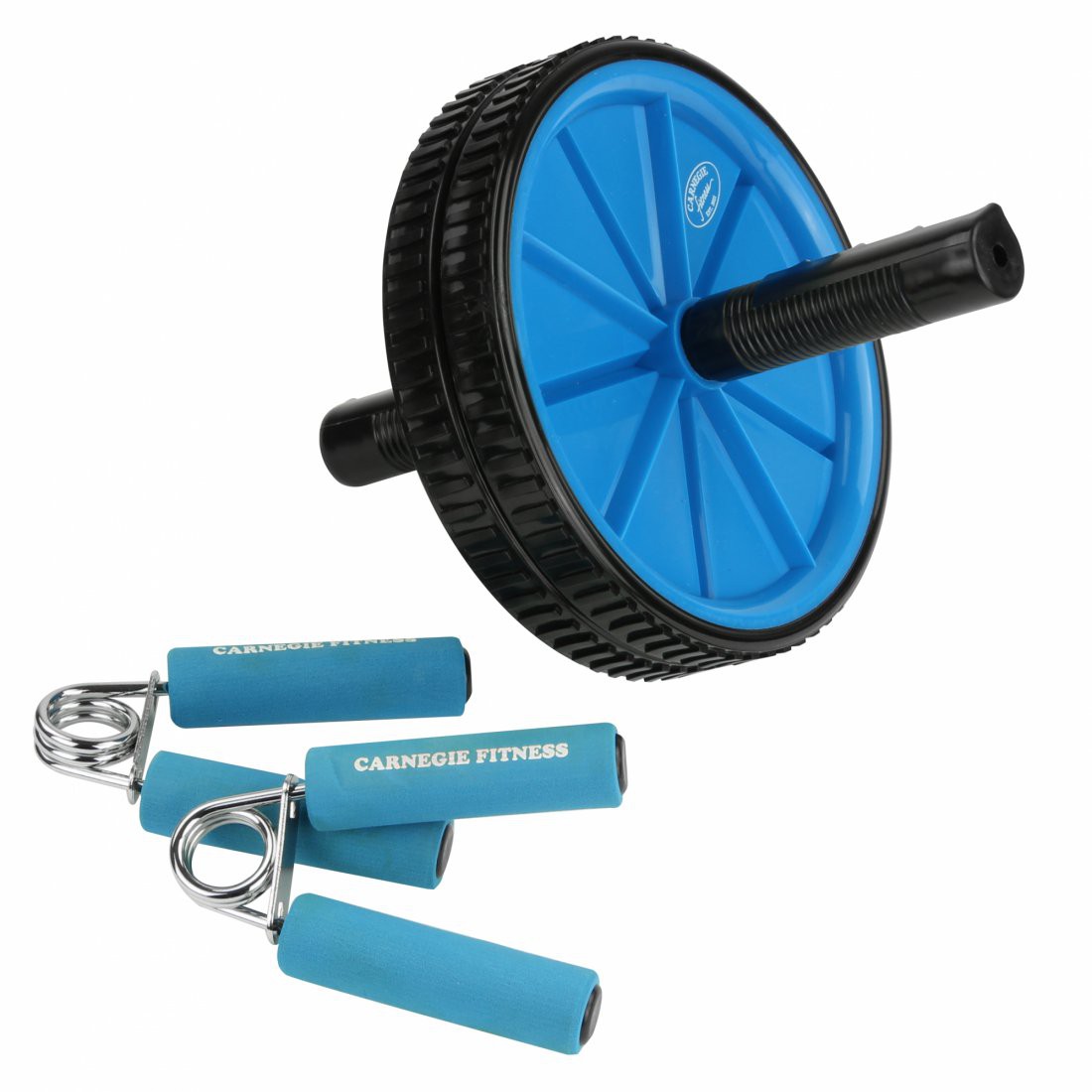 Carnegie TravelGym Fitnessset mit blauem Ab Roller und zwei Fingerhanteln mit Schaumstoffgriffen, kompakt und leicht, ideal für Muskelaufbau und Training unterwegs oder zu Hause.