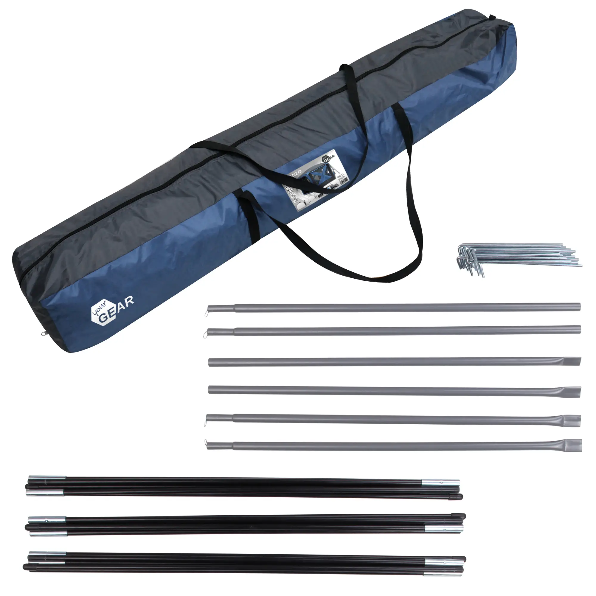 Sac de transport bleu yourGEAR, arceaux de tente, piquets et accessoires pour le pavillon pop-up Levanzo 8,5 m², adapté pour 4 à 6 personnes, idéal camping ou jardin, montage rapide et facile.