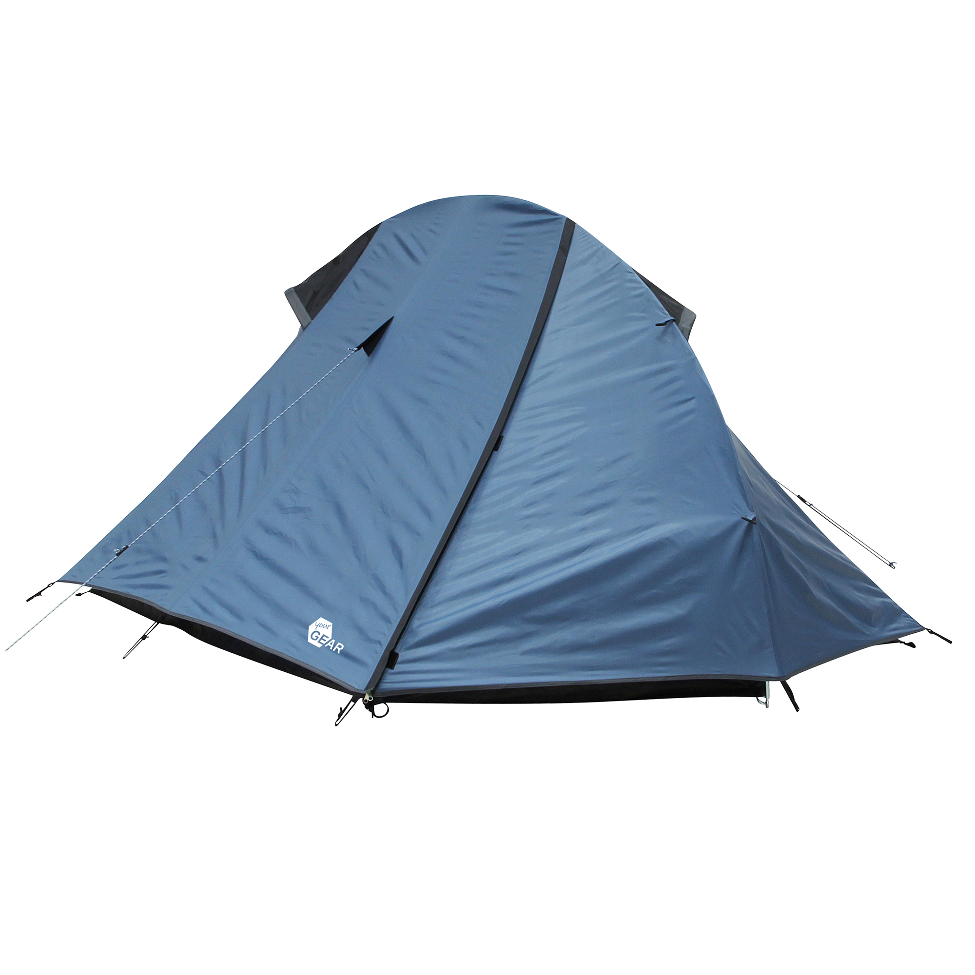 your GEAR ORA 2-person trekking tent in blue, dome shape with single pole design, UV 50+ protection, waterproof 5000mm, ventilation flap, and logo on the side, ideal for camping and outdoor tours.