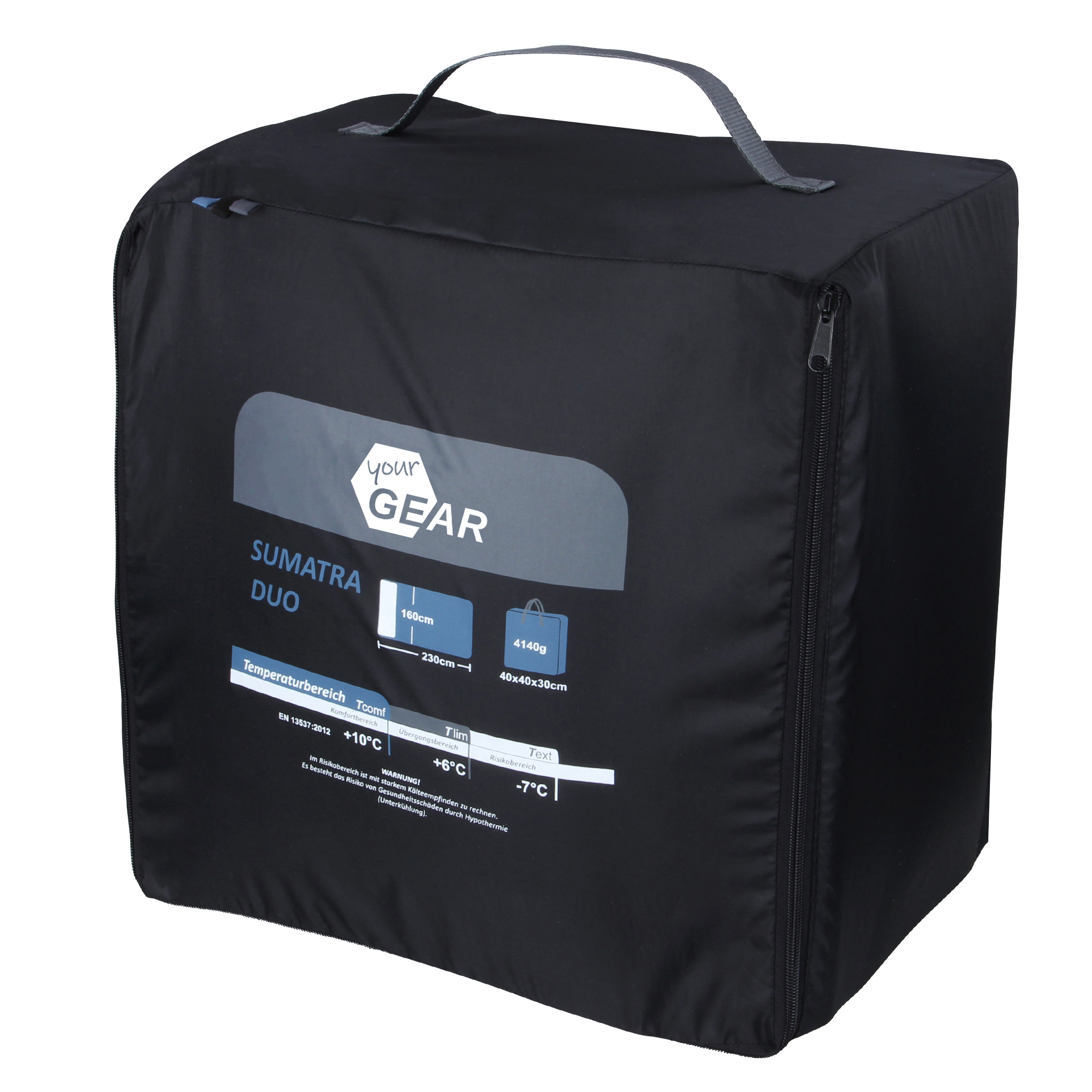 yourGEAR 2 Mann Schlafsack Sumatra Duo in schwarzer Tragetasche, Maße 230x160cm, Baumwollfutter, Temperaturbereich bis -7°C, mit Griff und Reißverschluss, Produktinfos auf der Vorderseite sichtbar.