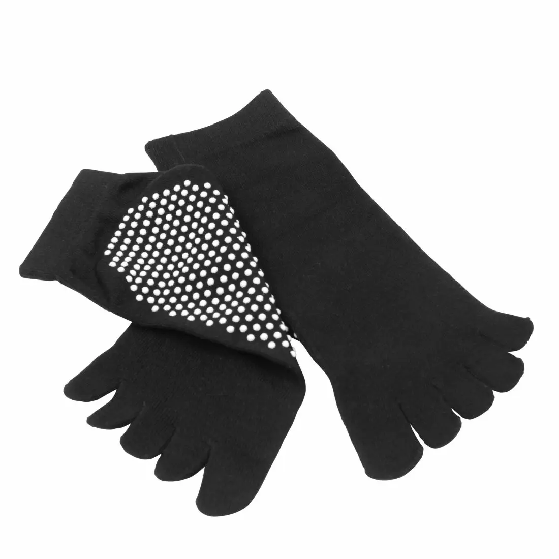Calcetines de yoga Carnegie negros talla 36-41 con dedos separados y base antideslizante de puntos blancos, ideales para fitness, pilates, yoga y danza. Material cómodo y funcional, diseño ergonómico.