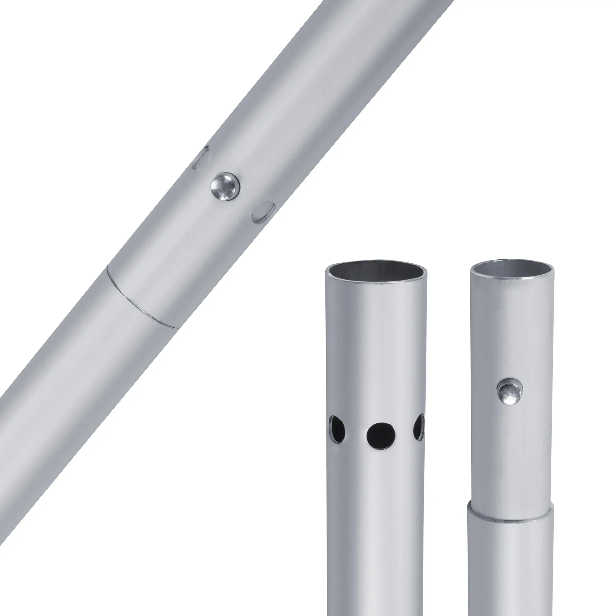 Tre tubi metallici cilindrici con fori e pulsanti a molla per il montaggio telescopico, su sfondo bianco.