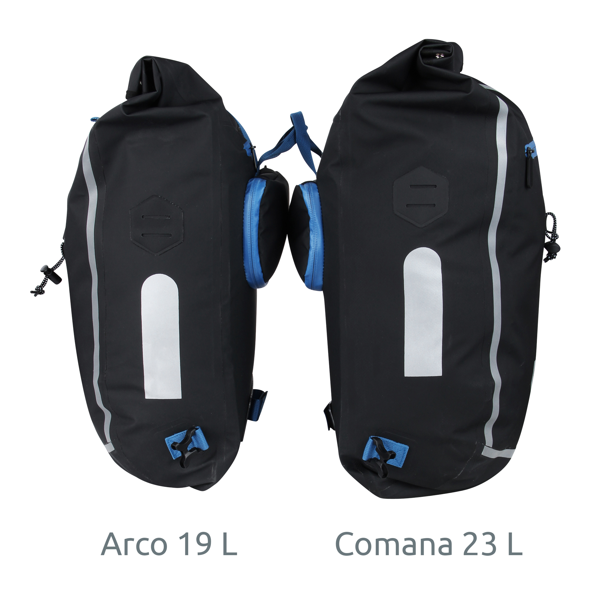 yourGEAR Arco 19 L 3-in-1 waterproof bike pannier, backpack, and laptop bag in black with reflective stripes and blue accents, shown next to Comana 23 L for size comparison.