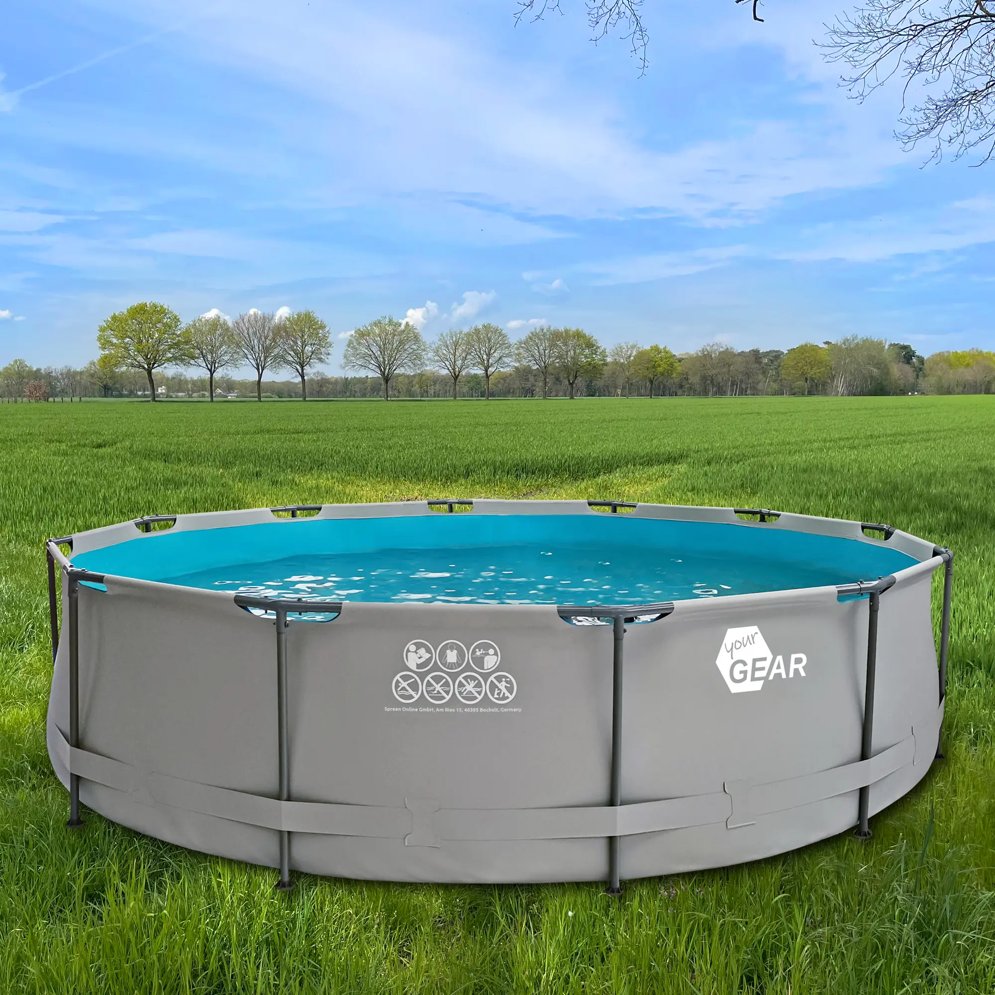 yourGEAR Familien Pool grau, Rundpool Ø 457 x 100 cm mit stabilem Stahlrahmen und verstärkter Vinylfolie, aufgebaut auf einer grünen Wiese, geeignet für Garten oder Terrasse, Logo sichtbar an der Seite.