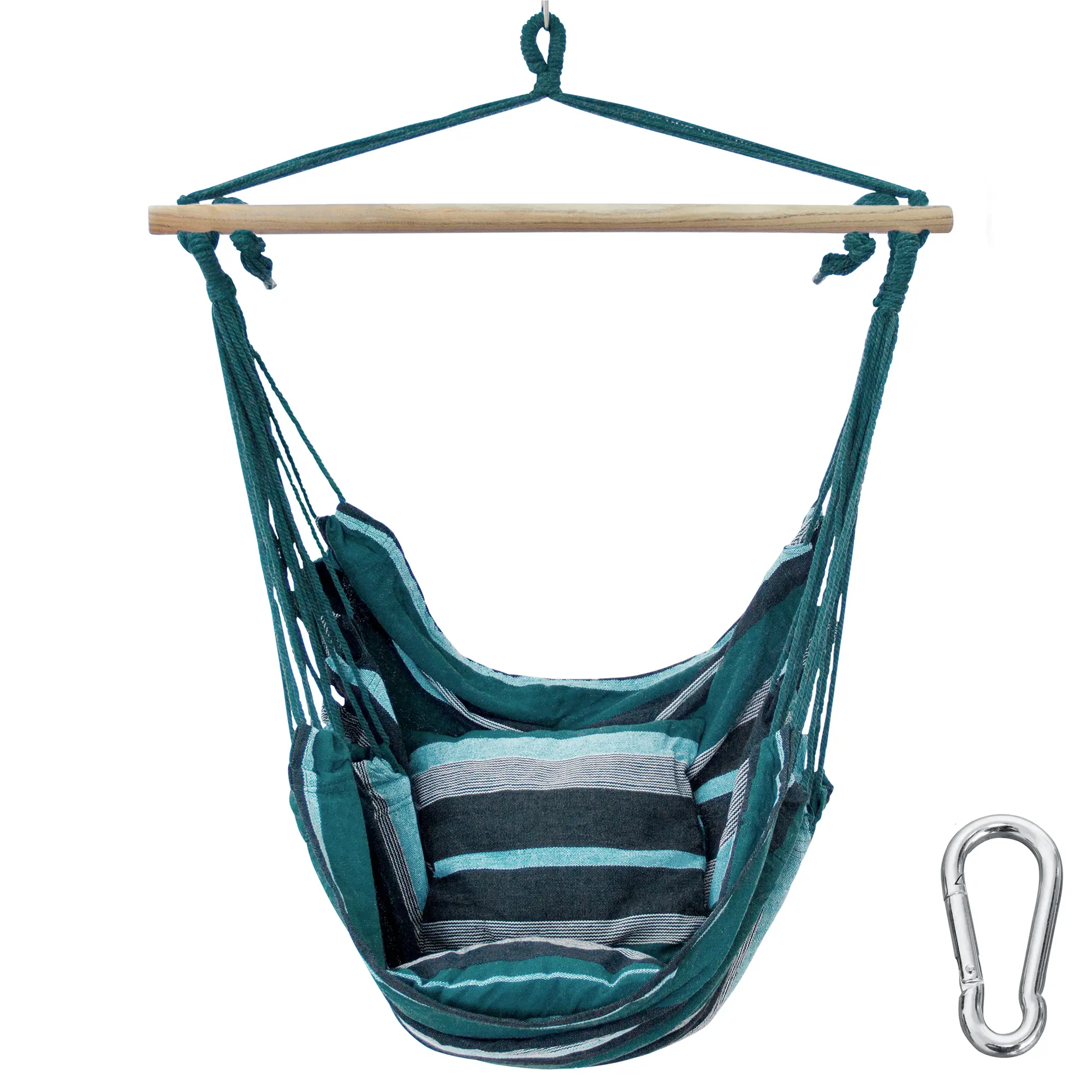 yourGEAR Lombok Smaragd hanging chair with two striped cushions, sturdy wooden bar, green and gray fabric, and included metal carabiner, supports up to 240kg, ideal for indoor and outdoor relaxation.