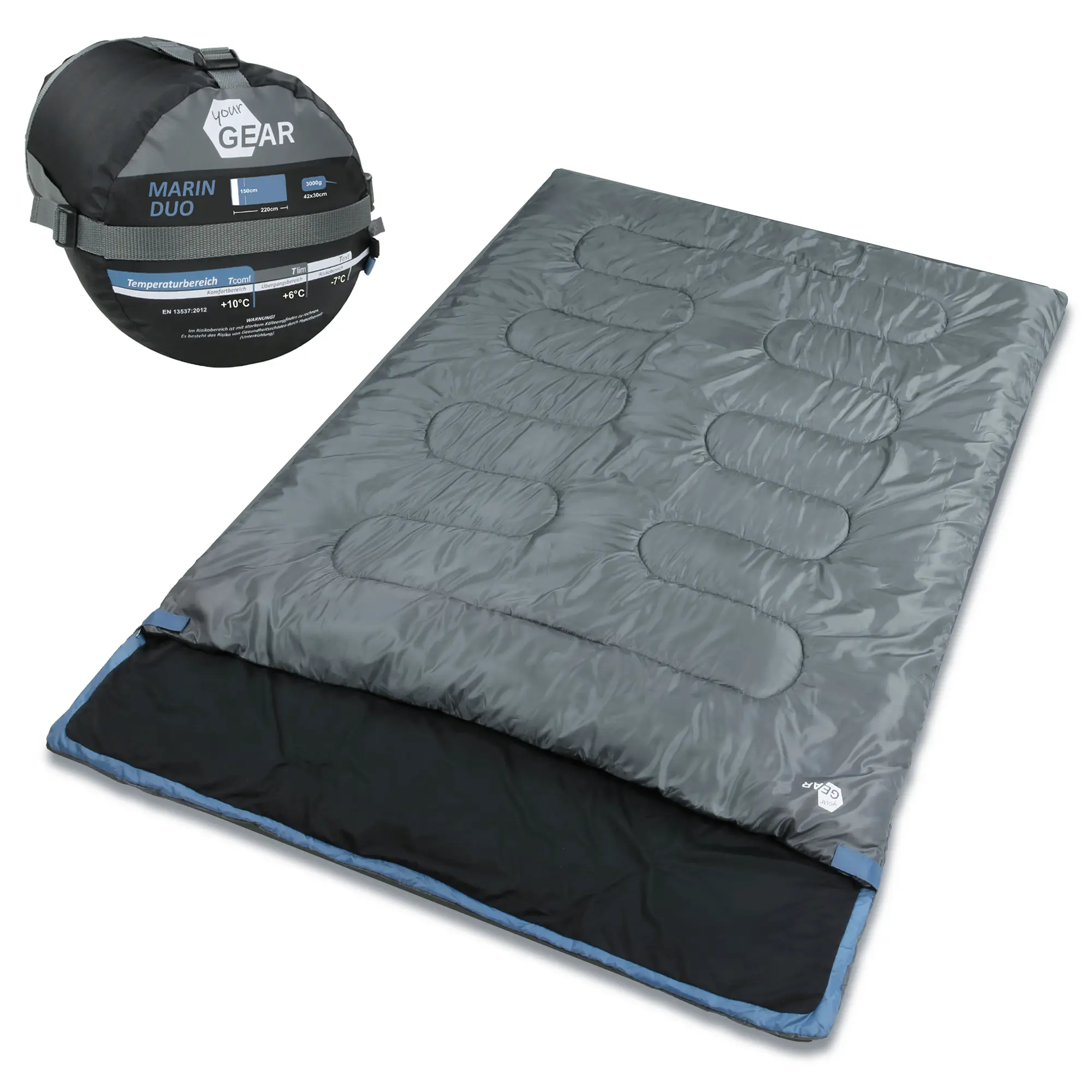 your GEAR 2 Man Sleeping Bag Marin -7°C Double Sleeping Bag 220x150 cm Blanket 3-4 Seasons Blue Grey