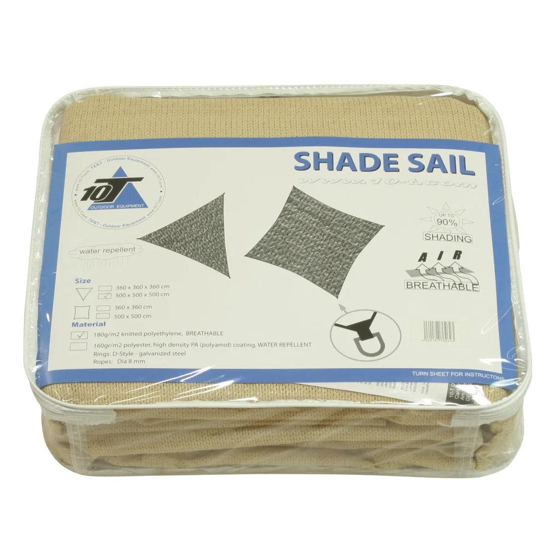 Toldo triangular 10T Emerson de 5 m por lado, color beige, en empaque transparente. Protección UV 90%, transpirable, resistente al agua, incluye cuerdas y bolsa de transporte. Ideal para jardín, terraza y camping.