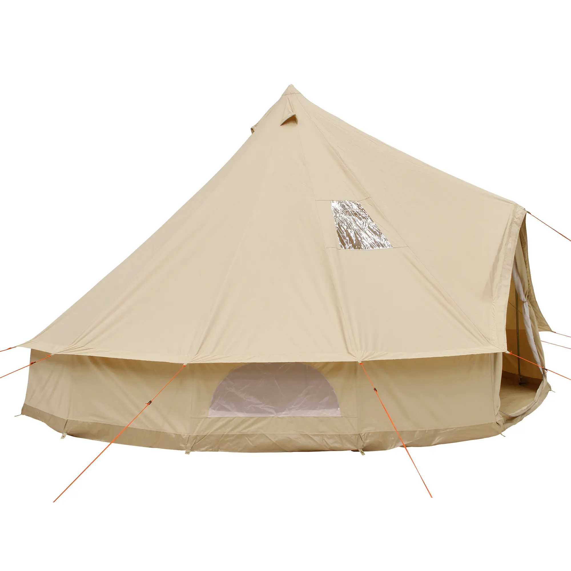 Tente tipi your GEAR Desert 8 Pro beige pour 8 personnes, en tissu coton, avec grande porte, fenêtre transparente, sol cuvette intégré et cordes orange, idéale pour le camping familial. Protection UV50+.