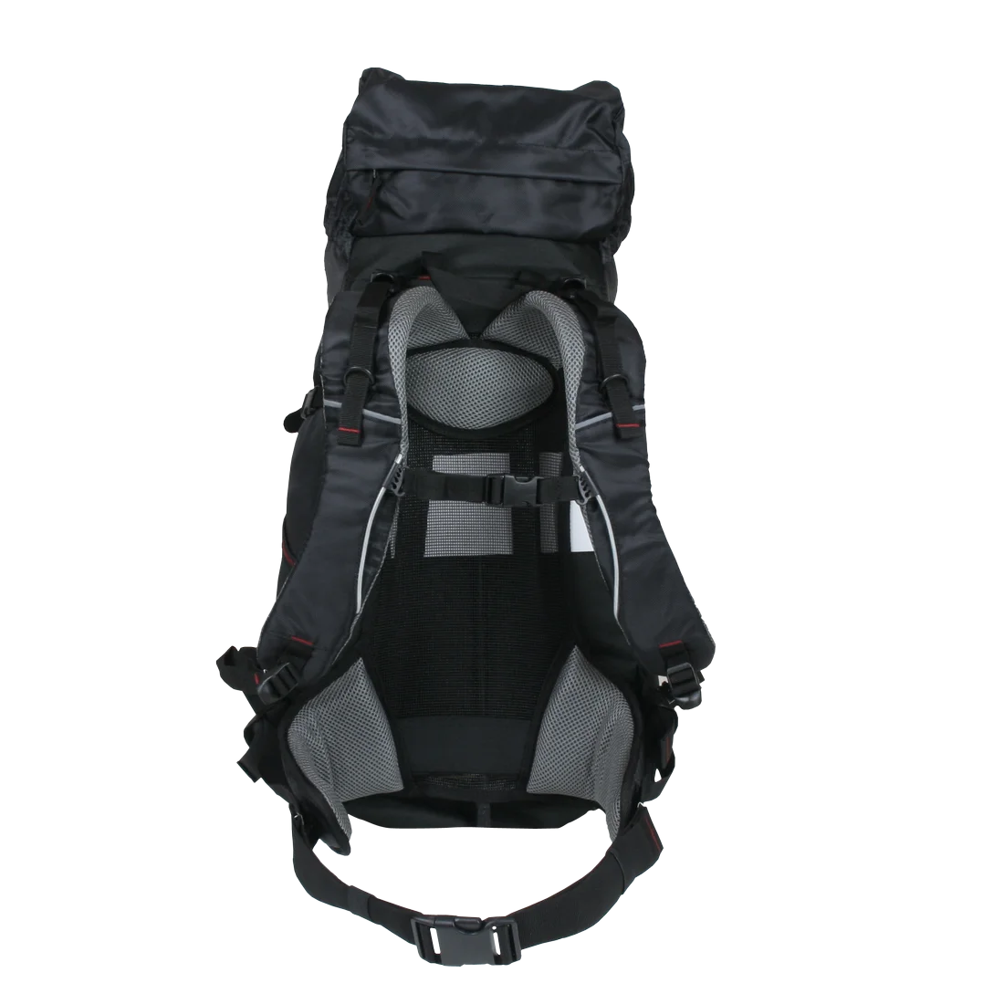 10T Towa 30L hiking backpack in black, shown from the back with padded shoulder straps, adjustable hip belt, mesh back ventilation, and attachment points, ideal for trekking and outdoor activities.