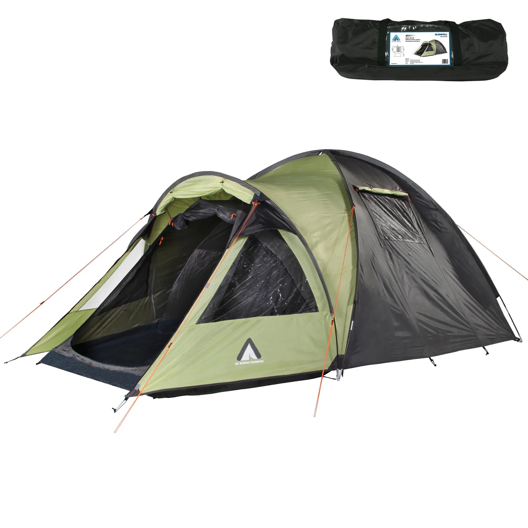 Tenda da campeggio 10T Glenhill Beechnut 4 persone, colore verde/grigio, struttura a cupola, finestre oscurabili, grande area notte, ingresso con tettoia, tessuto impermeabile 5000mm, inclusa sacca per il trasporto.