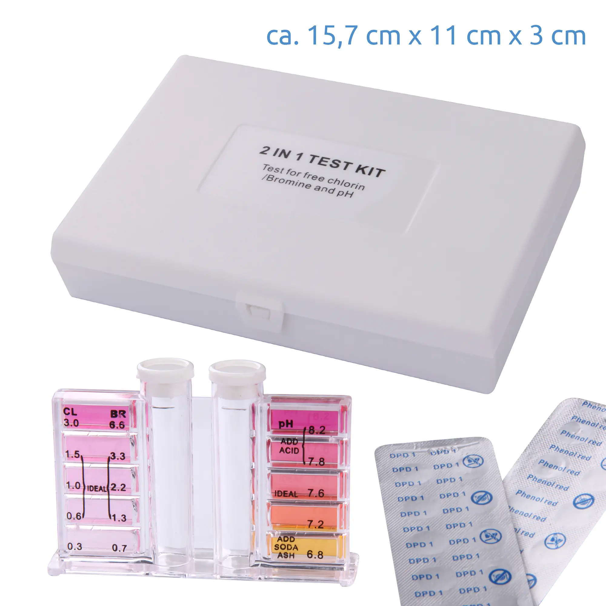 Blueborn pool tester set with white case, two test vials, color scale for chlorine, bromine and pH, and strips of DPD1 and PhenolRed tablets; dimensions approx. 15.7 x 11 x 3 cm.