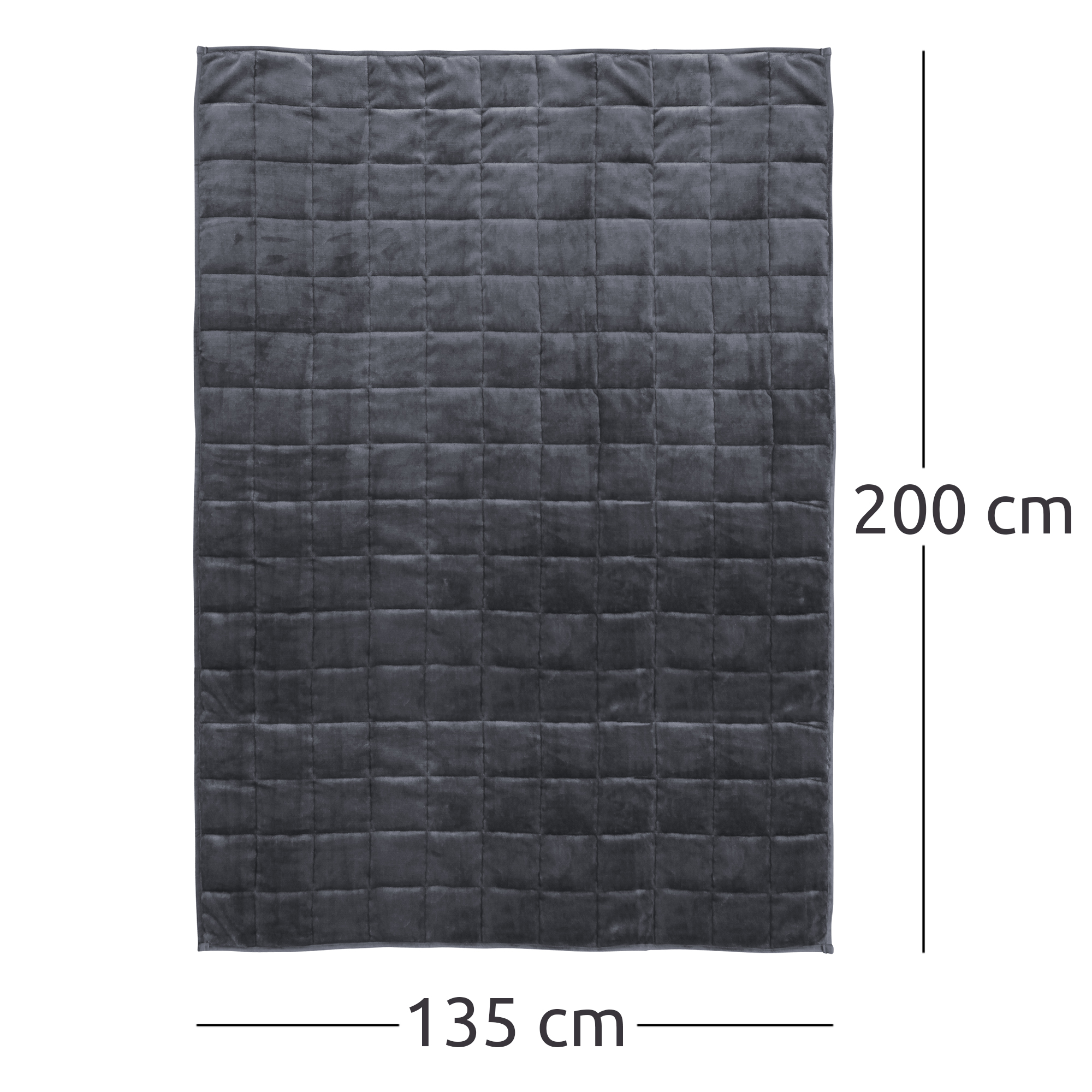 yourGEAR Cameri weighted therapy blanket, 6 kg, dark grey velour, quilted pattern, size 135x200 cm, shown flat with dimensions, ideal for deep pressure stimulation and soothing relaxation.