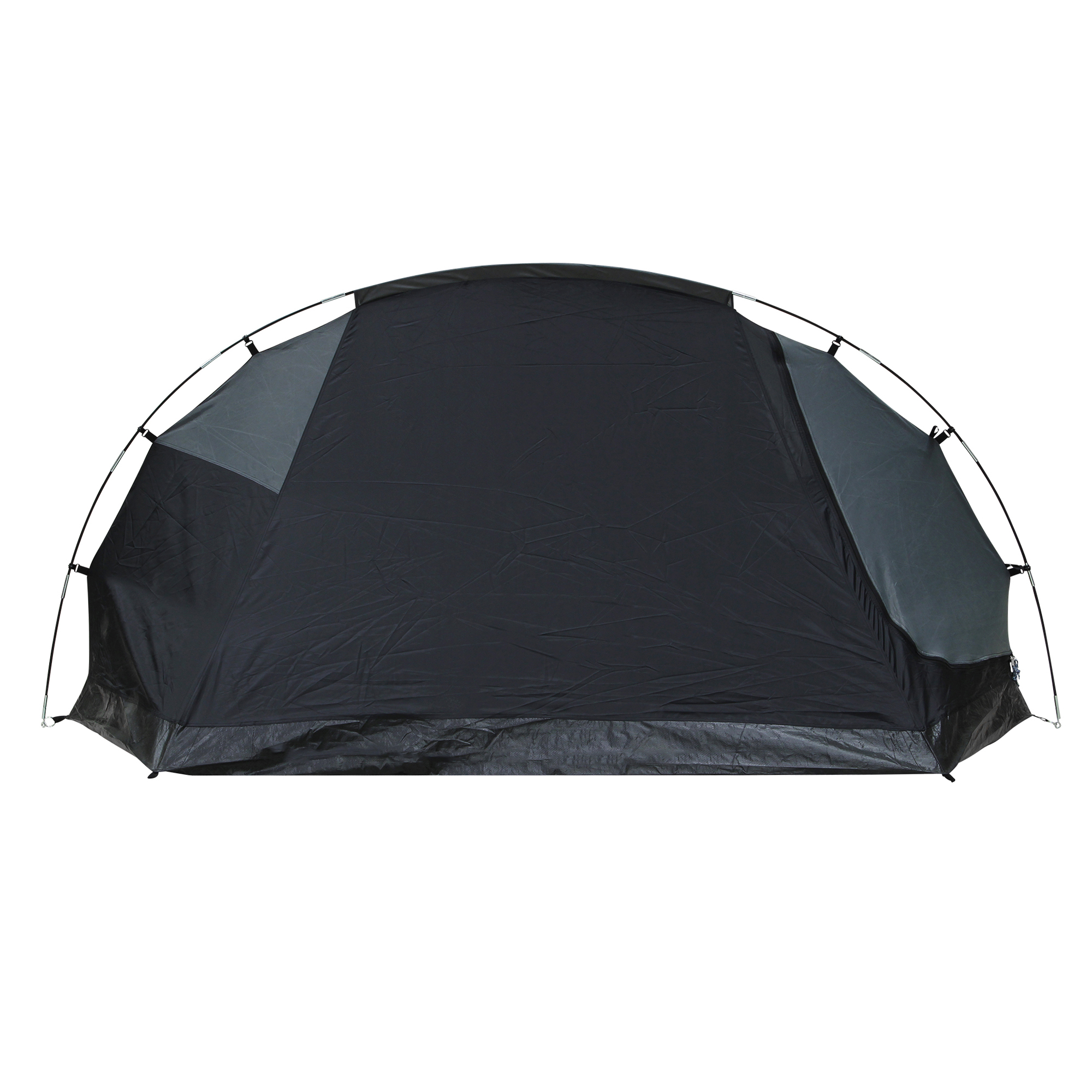 your GEAR ORA 2-person trekking tent, dome design, black with grey panels, single arch pole structure, compact and lightweight, UV 50+ protection, waterproof 5000mm, ideal for camping, hiking, and outdoor tours.