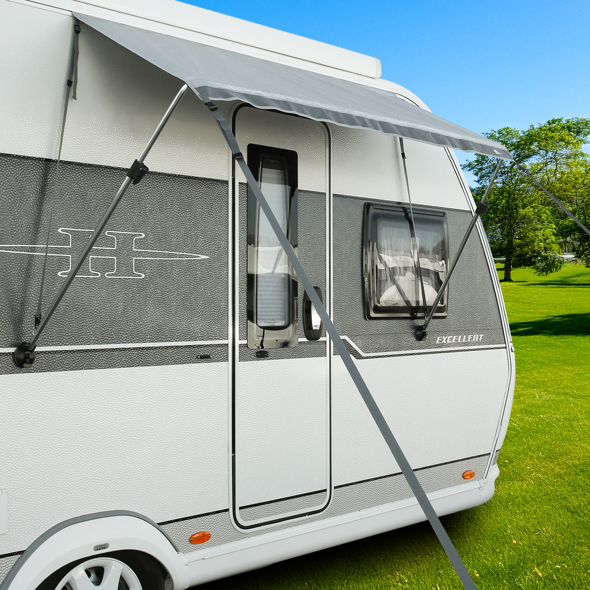 your GEAR Padua window awning 180 x 70 cm with 7 mm piping, UV 80+ sun protection, mounted on a caravan; features telescopic aluminum poles, waterproof and tear-resistant fabric.