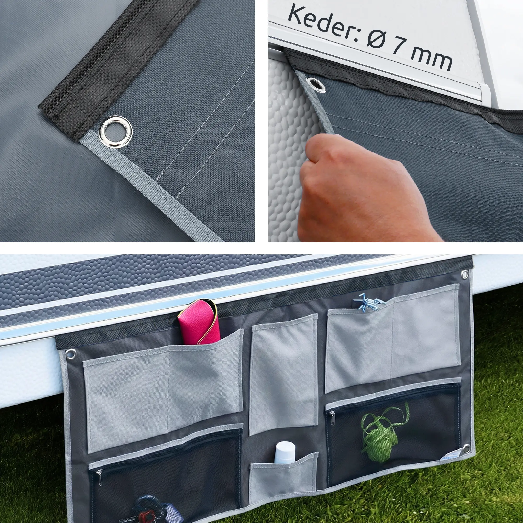 Organisateur your GEAR Caravan gris à poches multiples suspendu par keder 7 mm et œillets, avec poches zippées et filet transparent pour accessoires de caravane, tissu robuste et bords renforcés.