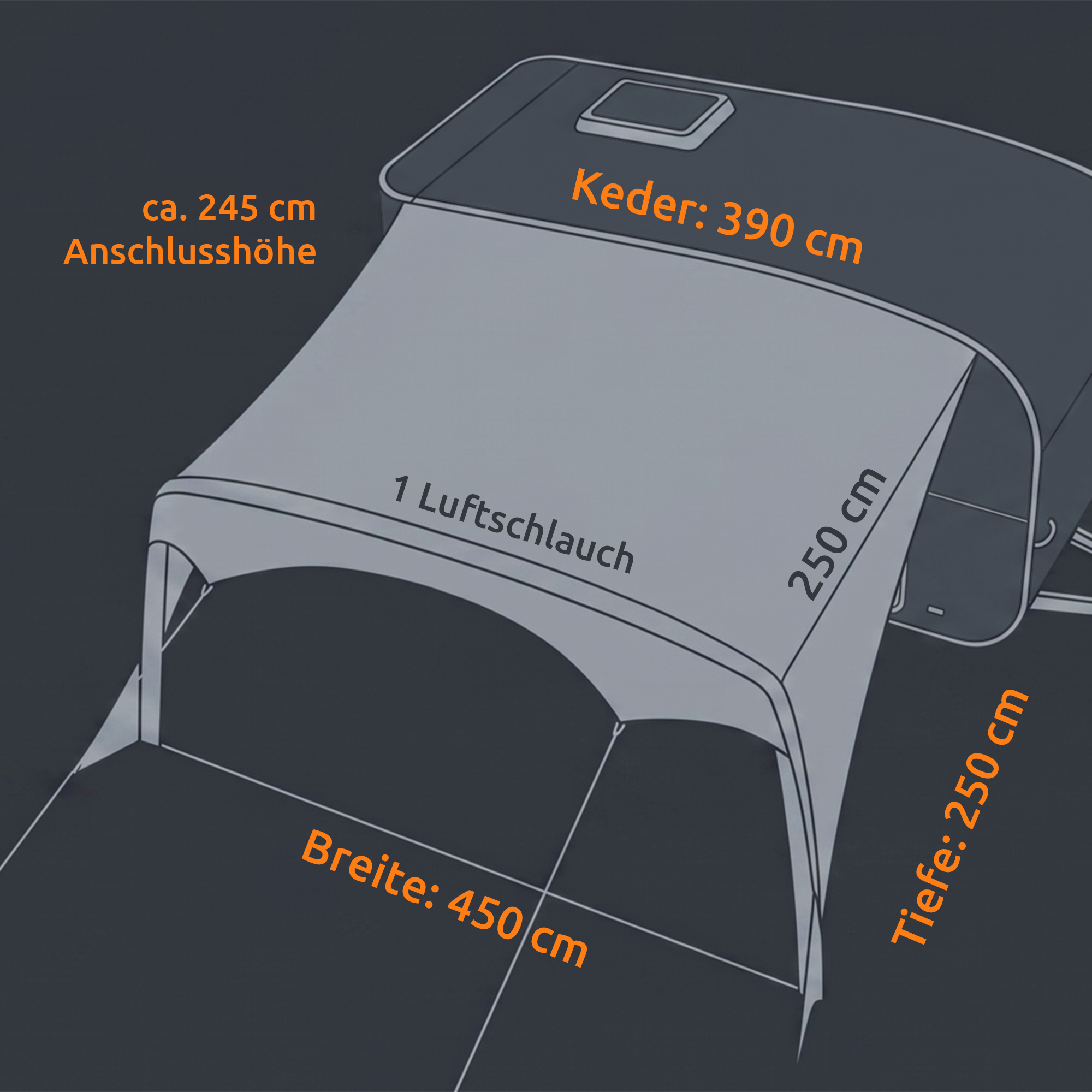 Tente d’auvent gonflable your GEAR Caravan Amalfi Air 4.5 grise, raccord caisse env. 245 cm, keder 390 cm, largeur 450 cm, tube d’air visible et toit arrondi offrant protection solaire UV50+.