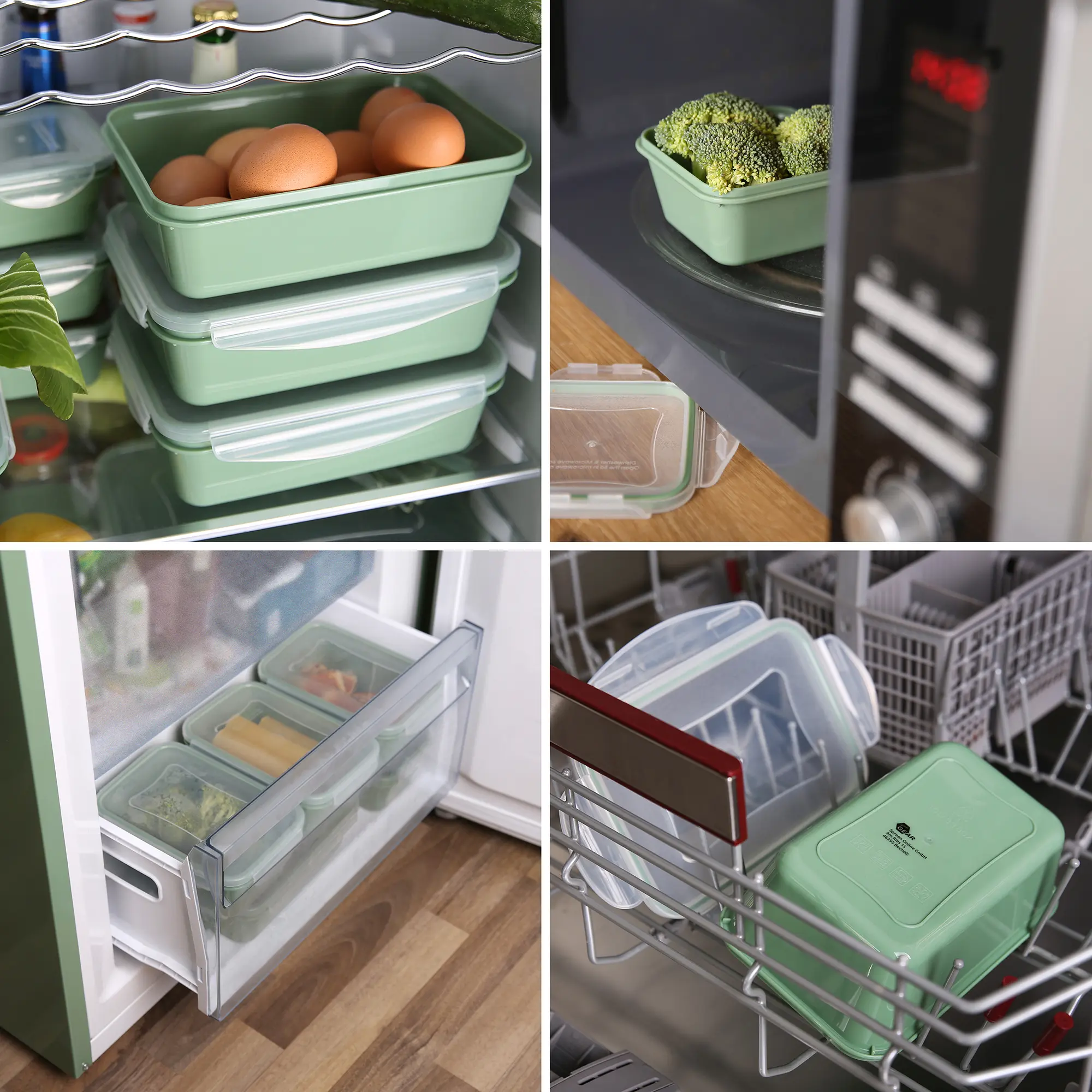 Grünes your GEAR Pila Frischhaltedosen-Set mit Deckeln, 6 stapelbare 1000 ml Behälter, gezeigt im Kühlschrank, Gefrierschrank, Mikrowelle und Geschirrspüler, ideal für Lebensmittelaufbewahrung.