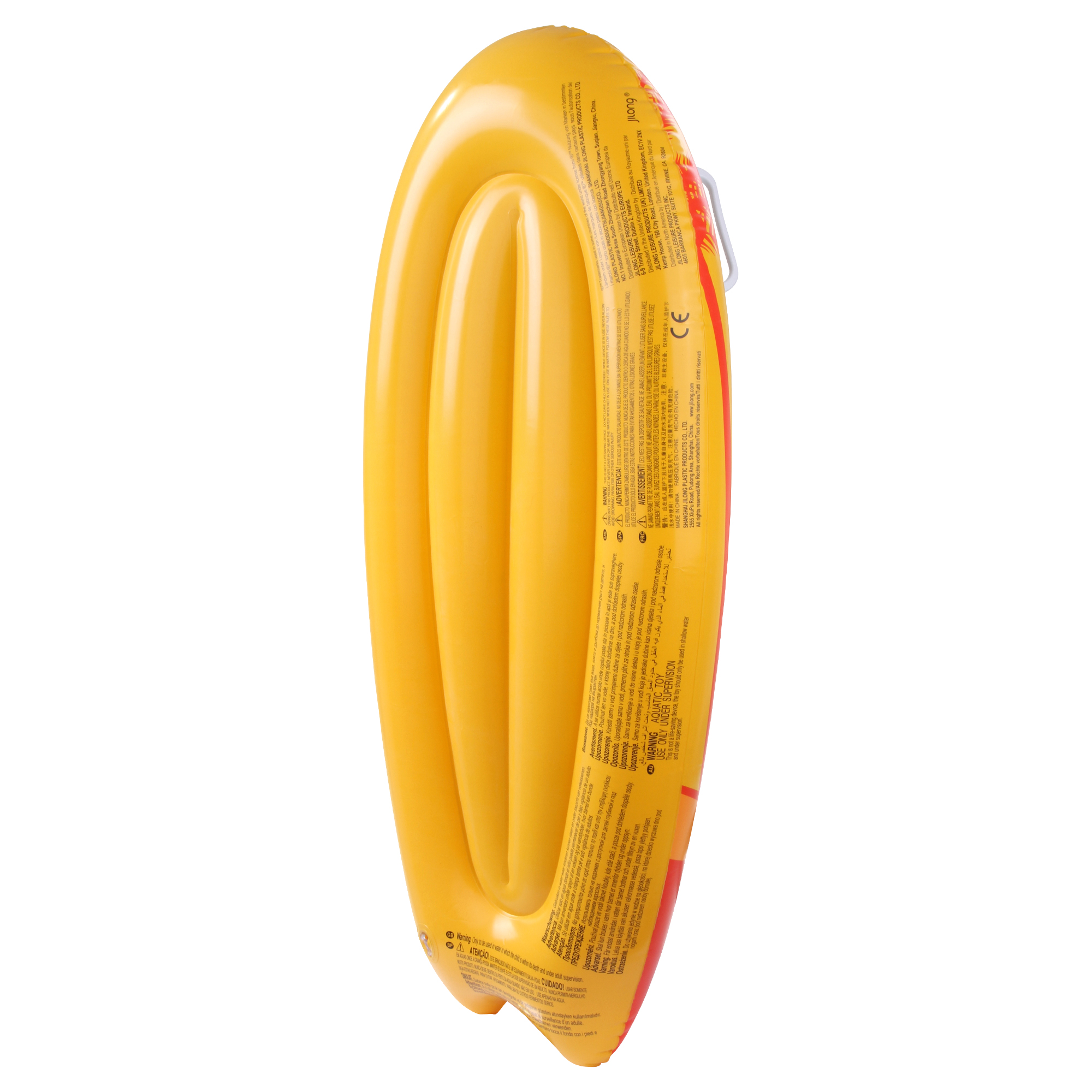 Tavola da surf gonfiabile Jilong Kick-Board Wave arancione, 95x45x15 cm, con due maniglie ergonomiche laterali, superficie liscia, fondo giallo con scritte e design adatto a bambini dai 4 anni.