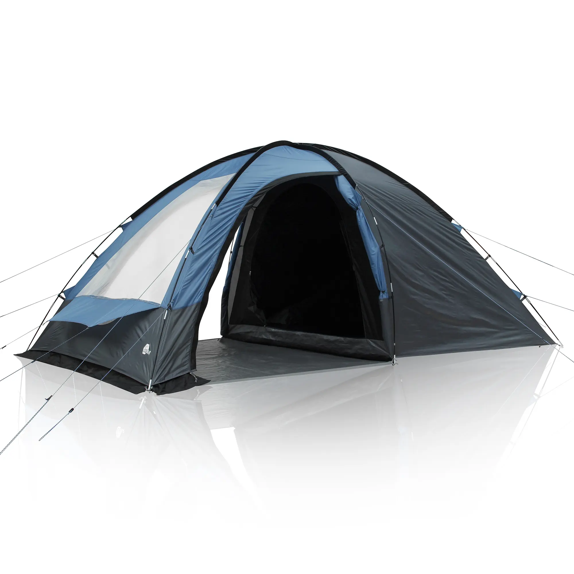 Blau-graues your GEAR Kuppelzelt Chinook für 4 Personen mit großem Seiteneingang, Fenster, Stehhöhe, geräumigem Wohnraum und stabilen Abspannleinen, geeignet für Familien und Camping.