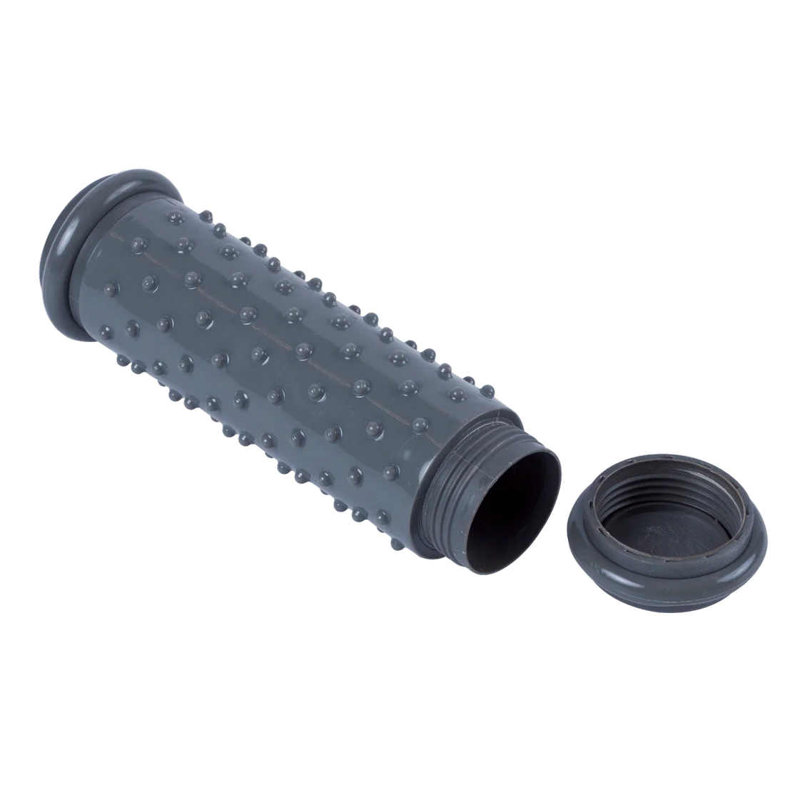 Rodillo de masaje para pies Spirit Hot Cold en color gris, con superficie de múltiples nódulos redondeados y tapa desenroscada, ideal para reflexología y masaje en frío o caliente.