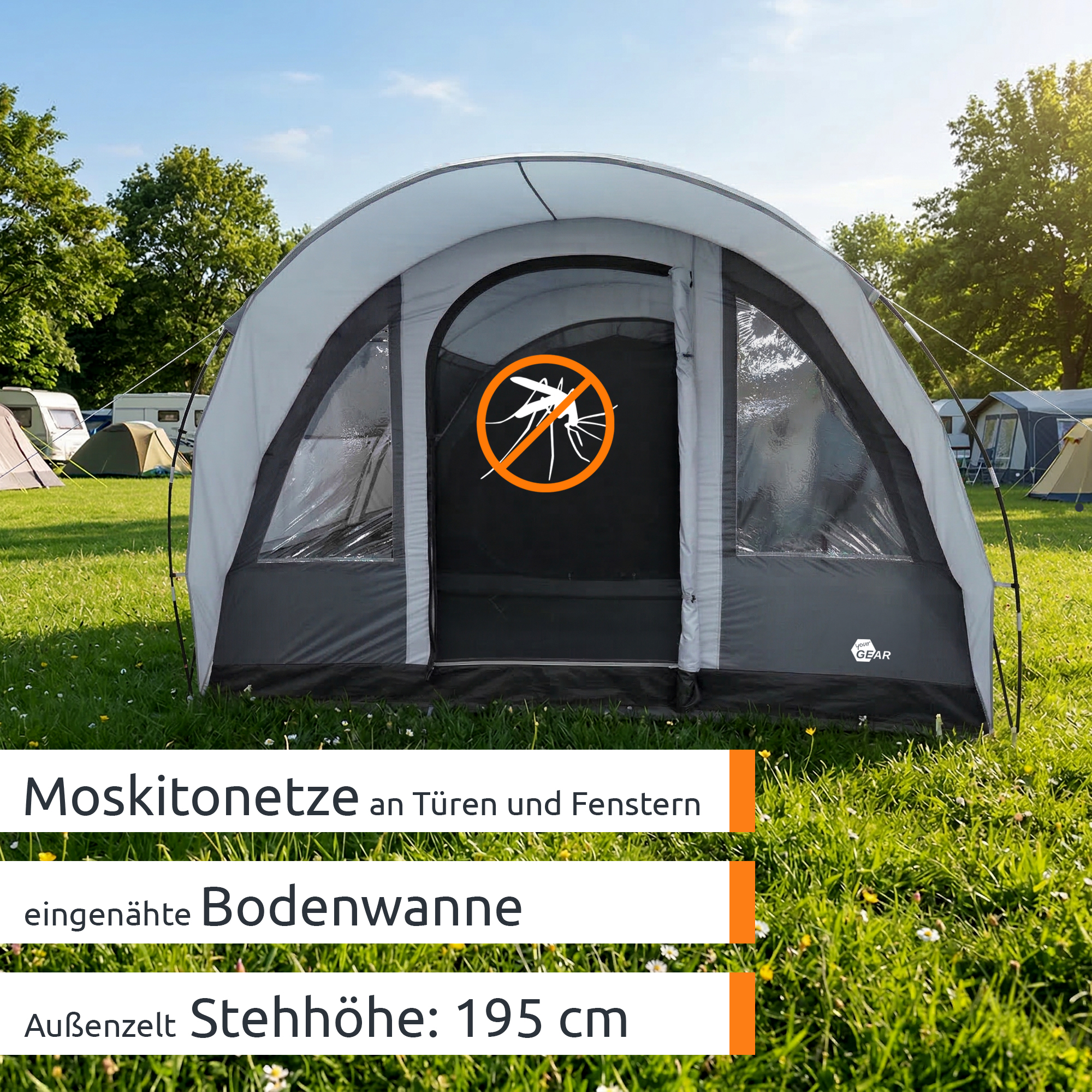Tente familiale your GEAR Bora pour 5 personnes, tunnel gris avec grandes fenêtres transparentes, moustiquaires aux portes, bac de sol intégré, auvent et hauteur debout 195 cm, installée sur herbe dans un camping ensoleillé.