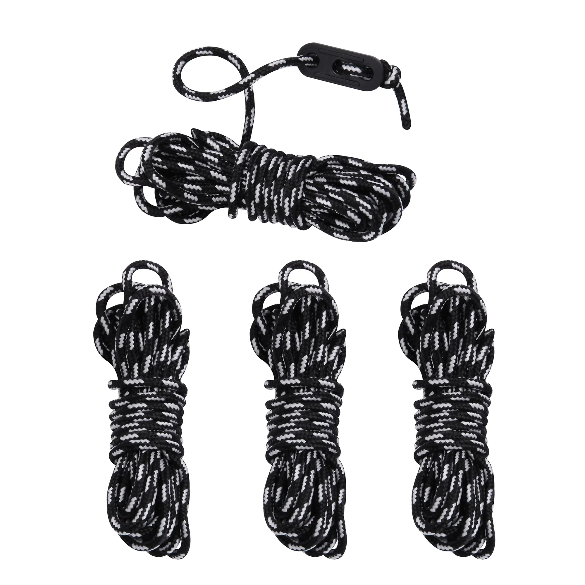 Set of four black 4m reflective tent guy lines with white stripes, each 4mm thick. One cord features a three-hole tensioner. Ideal for camping, tents, tarps, and outdoor use. Durable and highly visible at night.