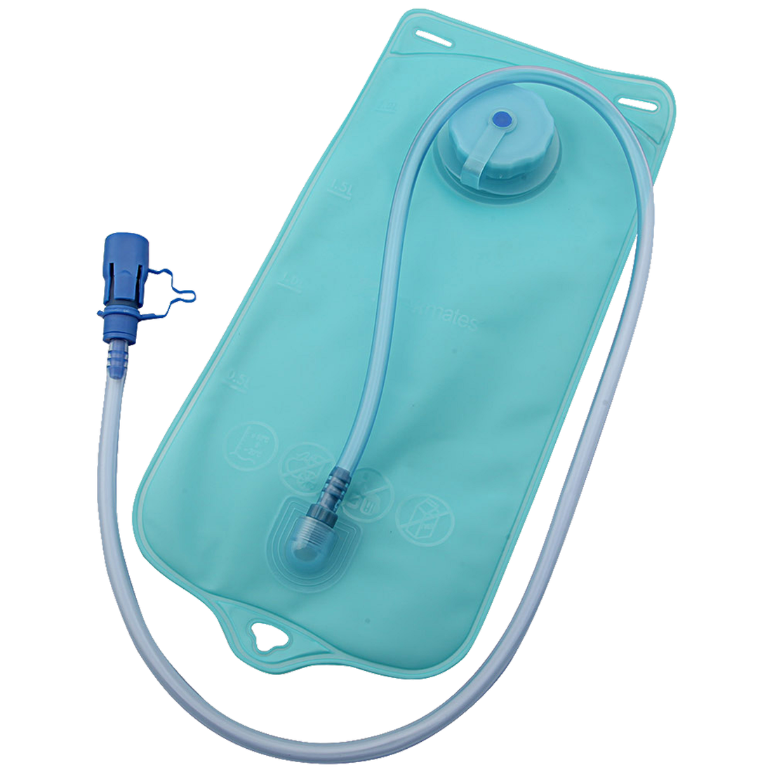Poche à eau Trekmates Tanker 1,2 L turquoise avec grande ouverture, tuyau flexible, embout anti-fuite avec capuchon de protection, adaptée aux sacs à dos, idéale pour systèmes d’hydratation en randonnée.