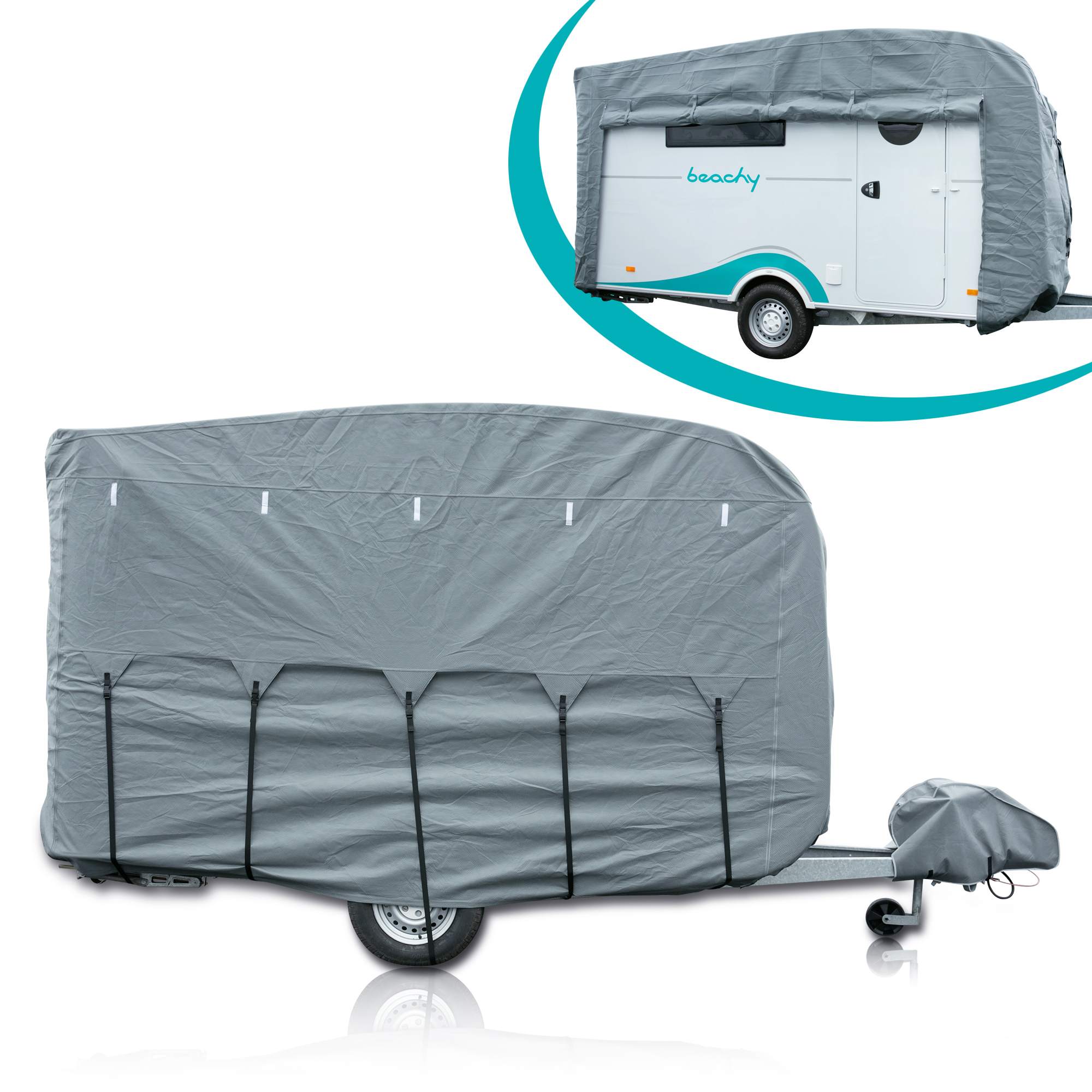 Graue your GEAR Naro L/XL Wohnwagenabdeckung für Hobby beachy 420 und 450, 4-lagige Schutzhülle mit Deichselabdeckung, robust, atmungsaktiv, komplett über Wohnwagen gespannt, gesicherte Befestigungsgurte sichtbar.