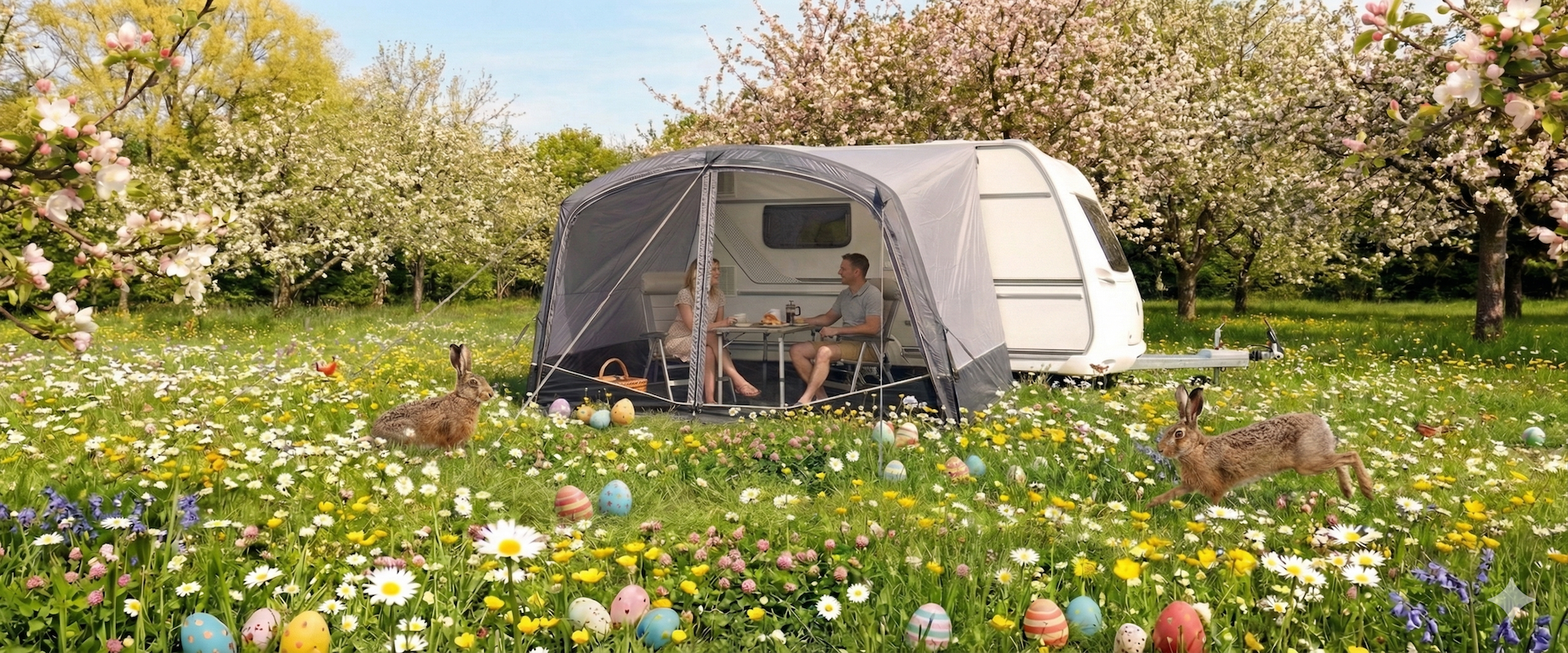 Wohnwagen mit Vorzelt auf blühender Frühlingswiese, Paar sitzt am Tisch, bunte Ostereier in Gras, blühende Apfelbäume und zwei Hasen im Vordergrund.