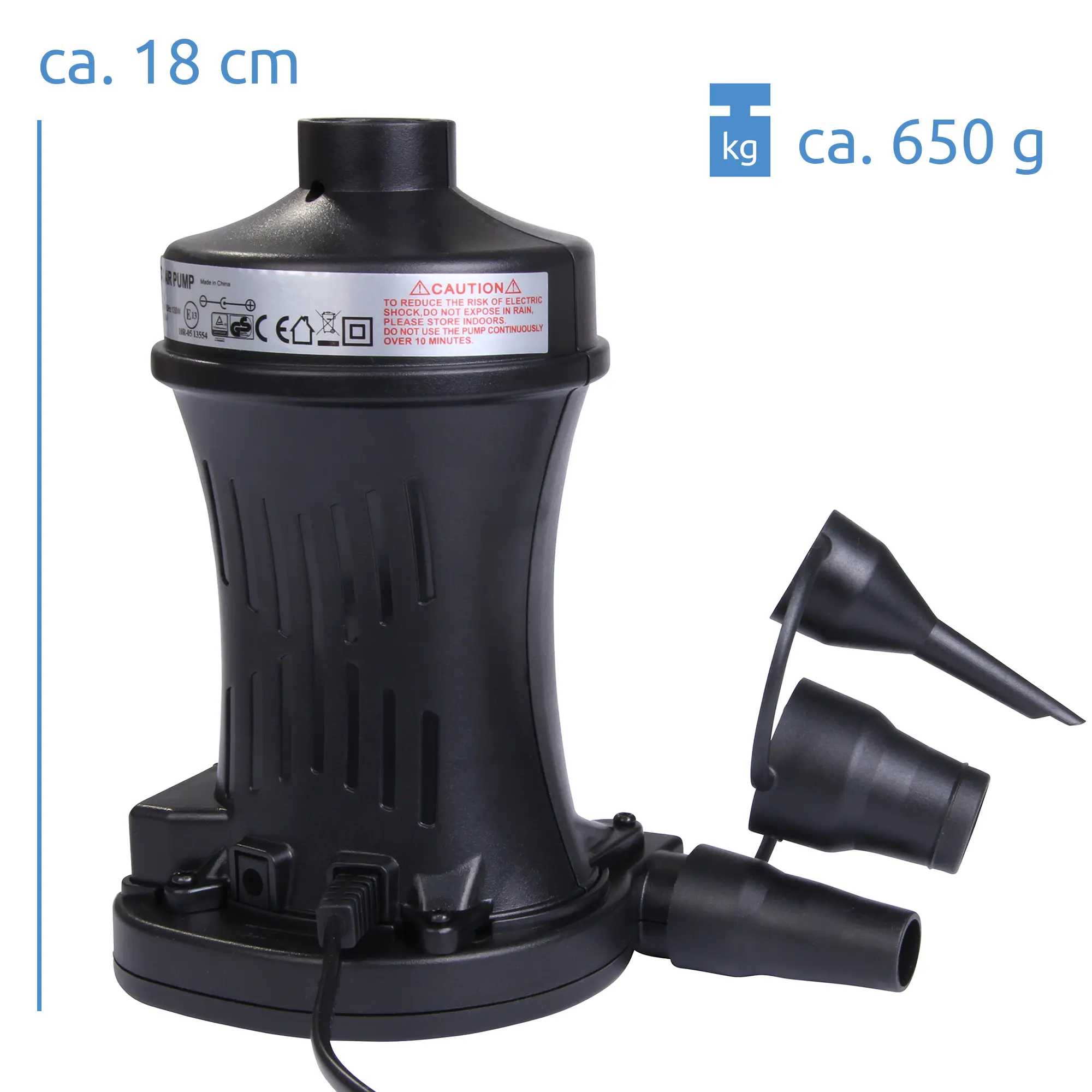 Bomba de aire eléctrica Blueborn P130 negra, 18 cm de alto y 650 g, con tres boquillas adaptadoras, cable de alimentación y función de inflado y desinflado, ideal para colchones y piscinas.