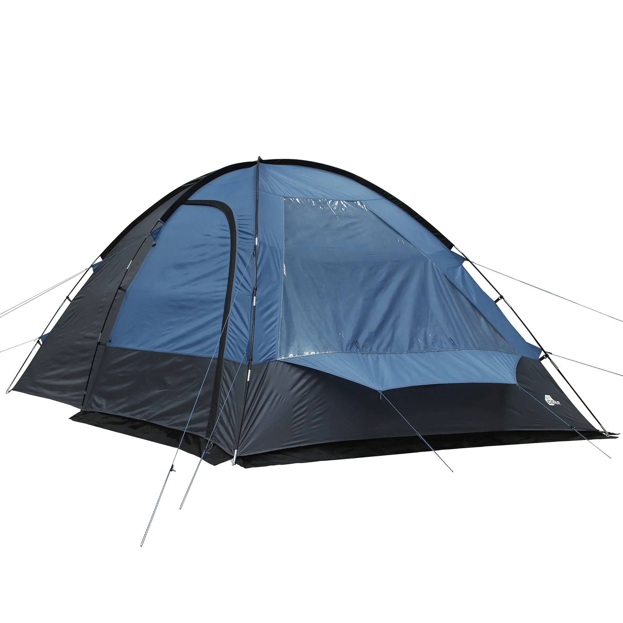 Blau-graues your GEAR Chinook Kuppelzelt für 4 Personen mit großem Wohnraum, Stehhöhe, Seiteneingang und Fenster. Wetterfestes Familienzelt mit steilen Seitenwänden und stabiler Abspannung.