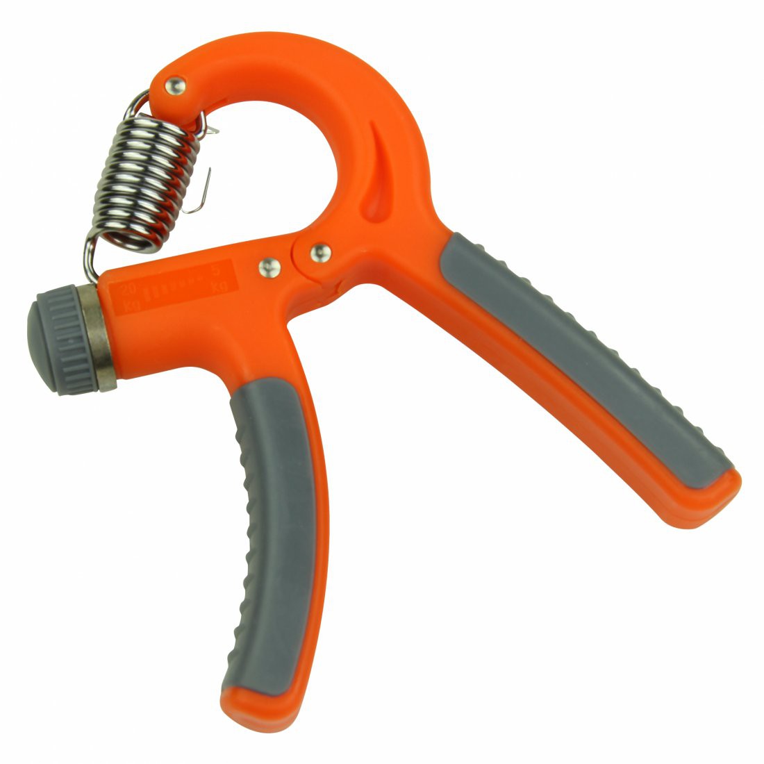 Adjustable orange Carnegie finger trainer and hand grip strengthener with grey non-slip handles, visible metal spring, and resistance dial for 5-20kg, designed for hand, finger, and forearm workout.