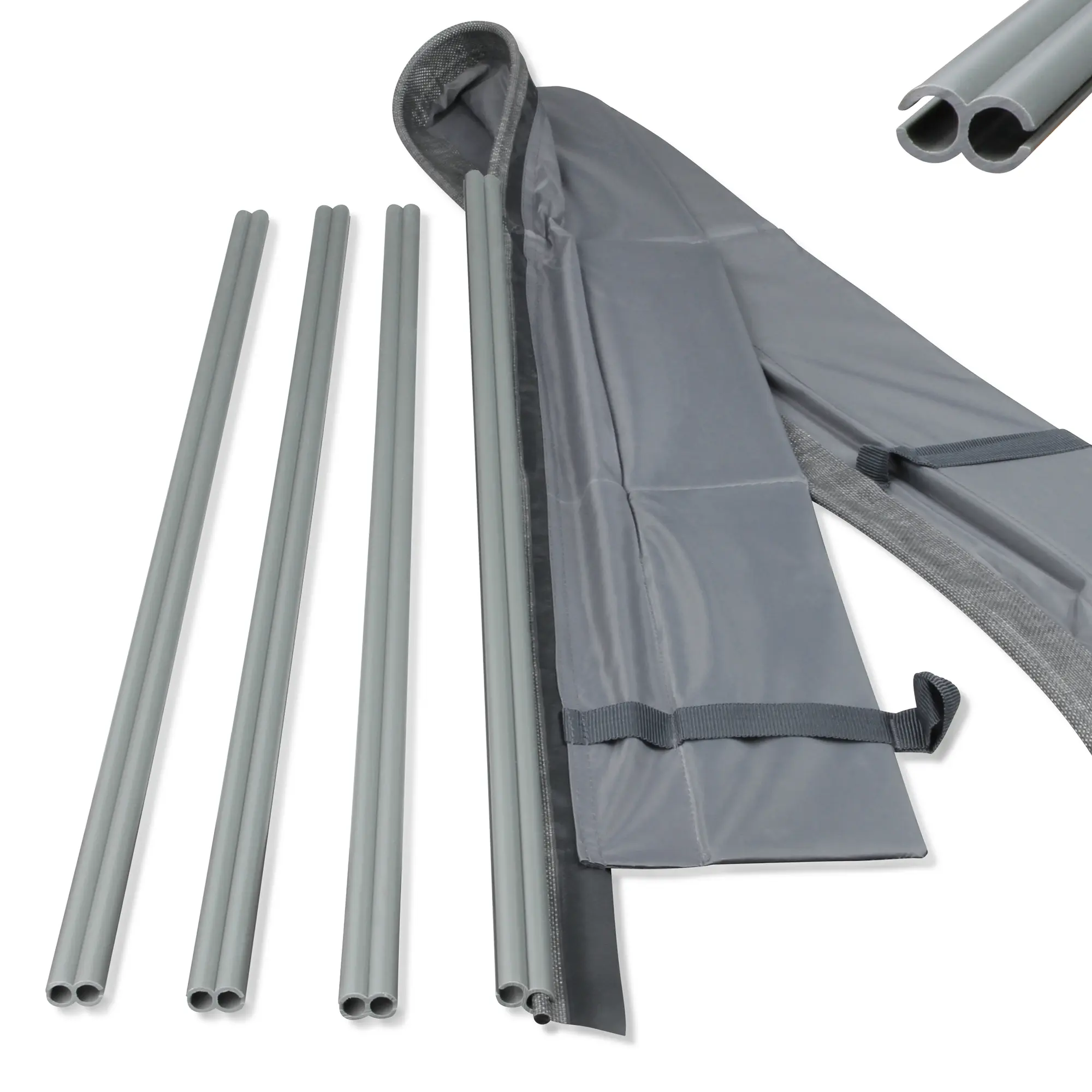 yourGEAR Magnetic Drive Away Kit mit 7mm magnetischer Kederleiste, vier grauen Adapterschienen und Stoffhülle zur einfachen Befestigung von Vorzelten oder Tarps an Bus, Van oder Auto.