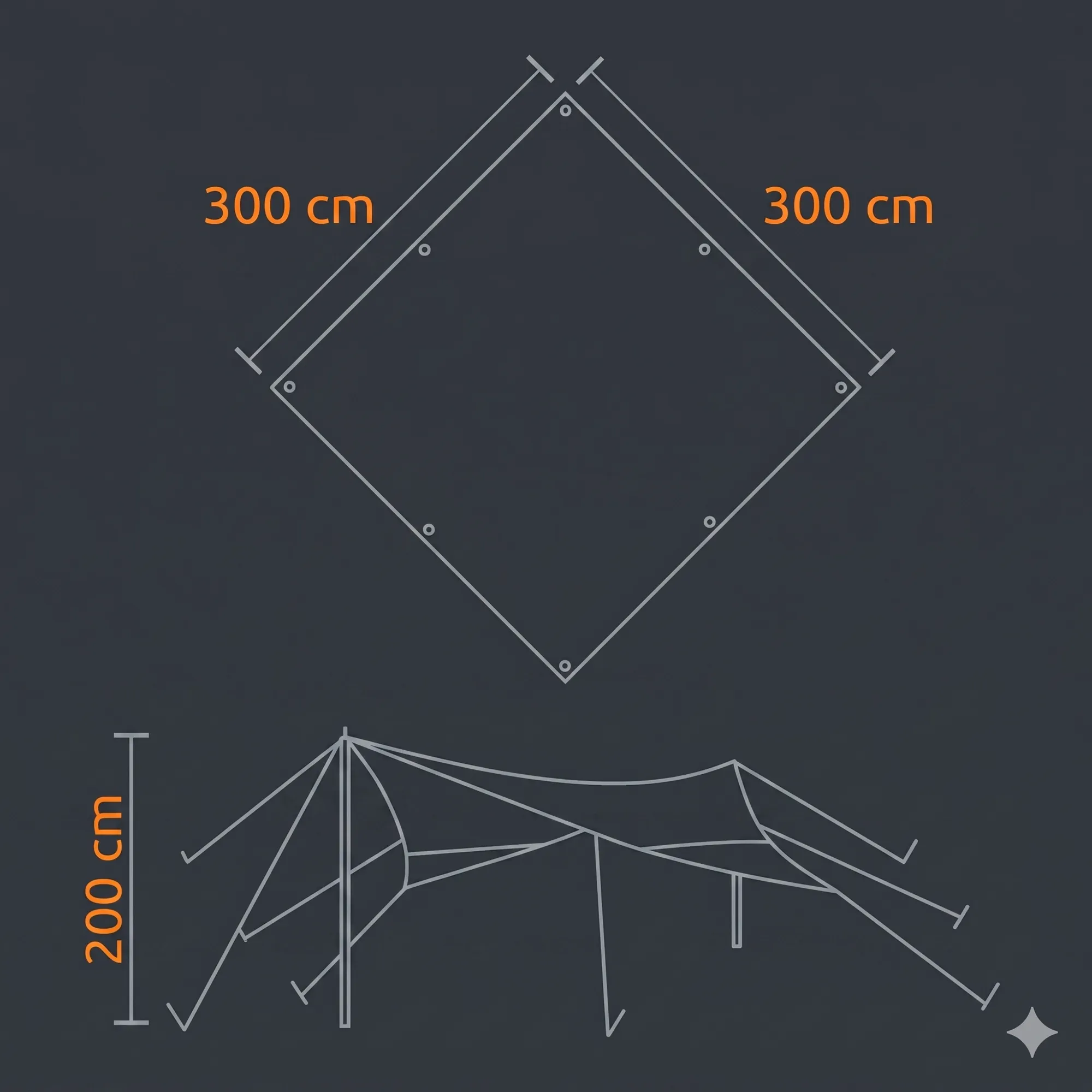 Diagram of a your GEAR Atrani 3x3 m grey/beige waterproof sun sail tarp with grommeted square layout, two center poles and guy line positions, 300x300 cm footprint and approx. 200 cm peak height, suitable for camping and beach use.