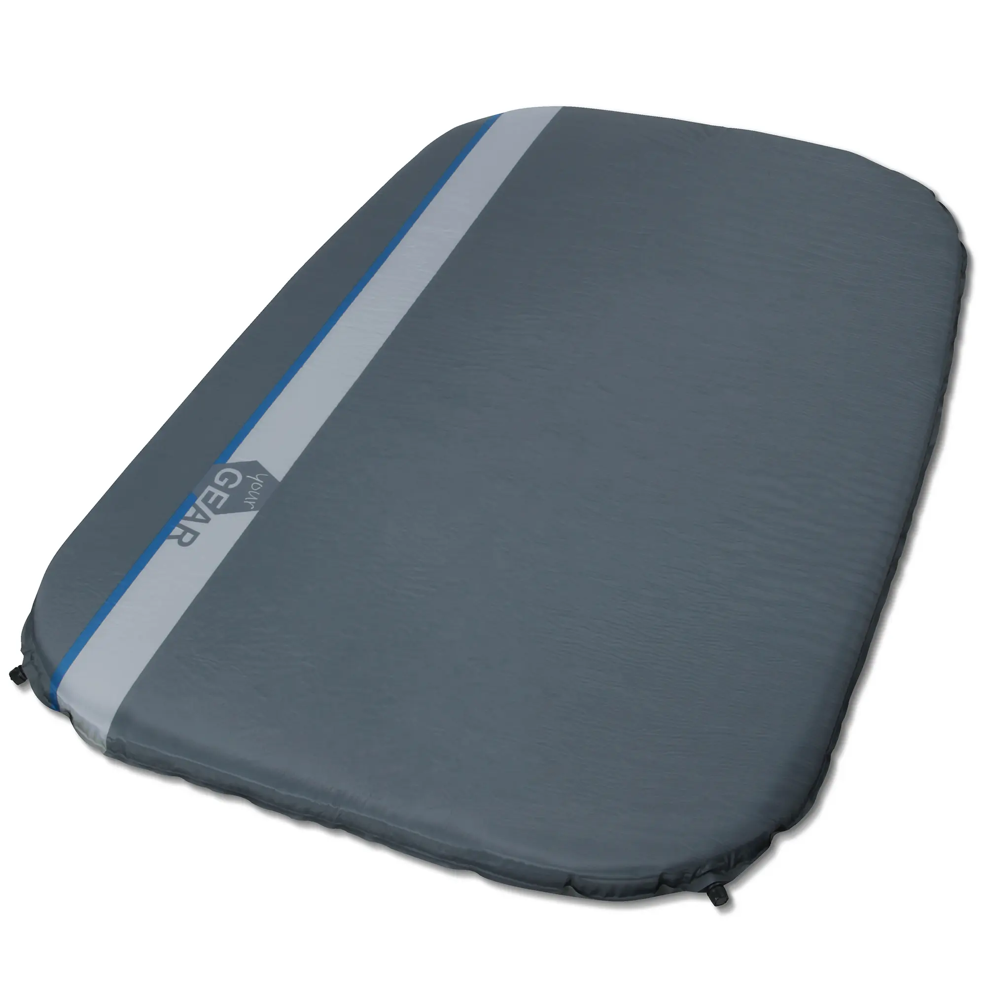 Selbstaufblasbare 2-Personen-Isomatte your GEAR ISO Duo Max, grau mit blauer und grauer Zierstreifen, abgerundete Ecken, ca. 198x130x7 cm, mit Ventilen an den Ecken für Camping und Outdoor.