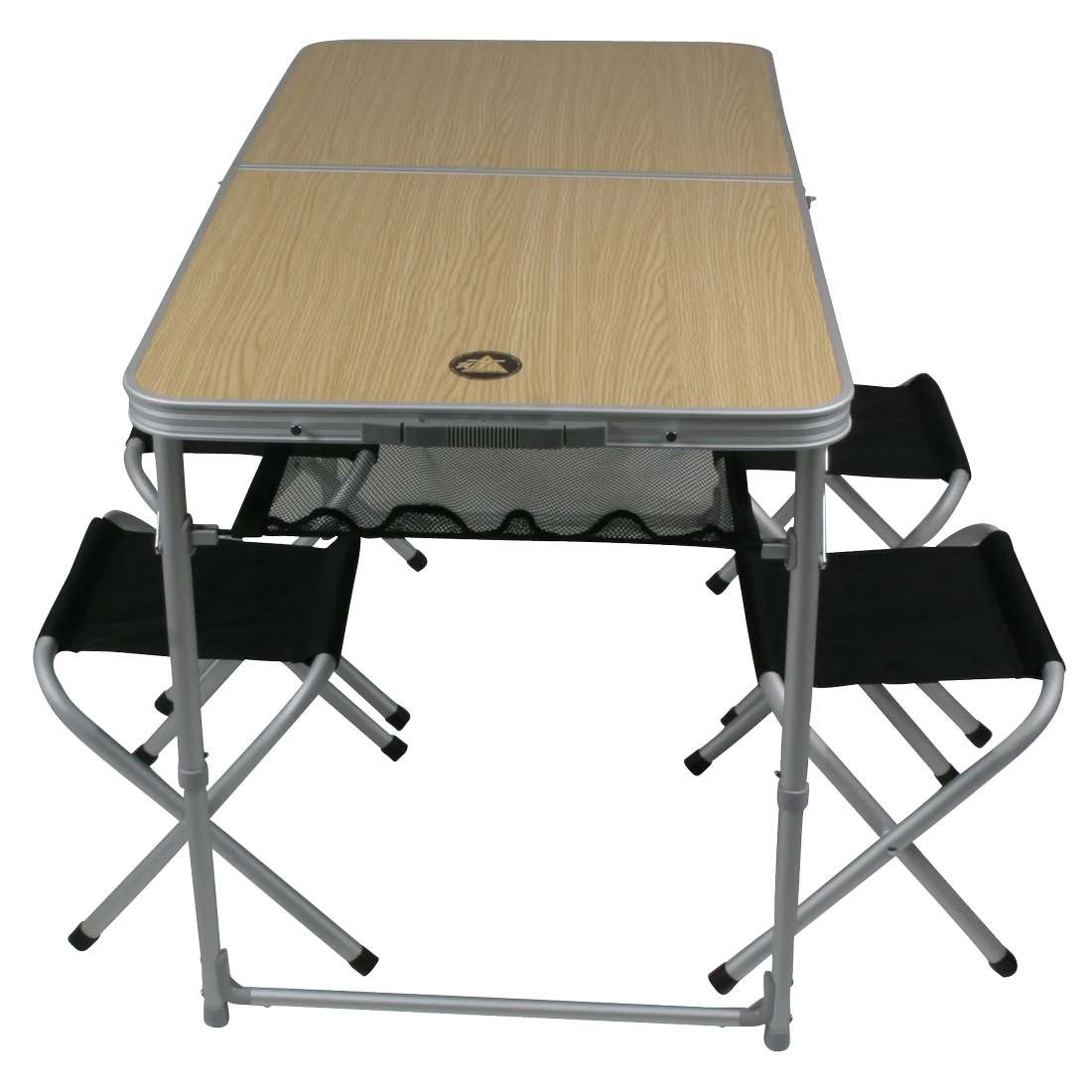 Table de camping 10T Portable Family en aluminium avec plateau effet bois et 4 tabourets pliants noirs, idéal pour pique-nique ou camping en extérieur, pour 4 personnes, avec filet de rangement sous la table.