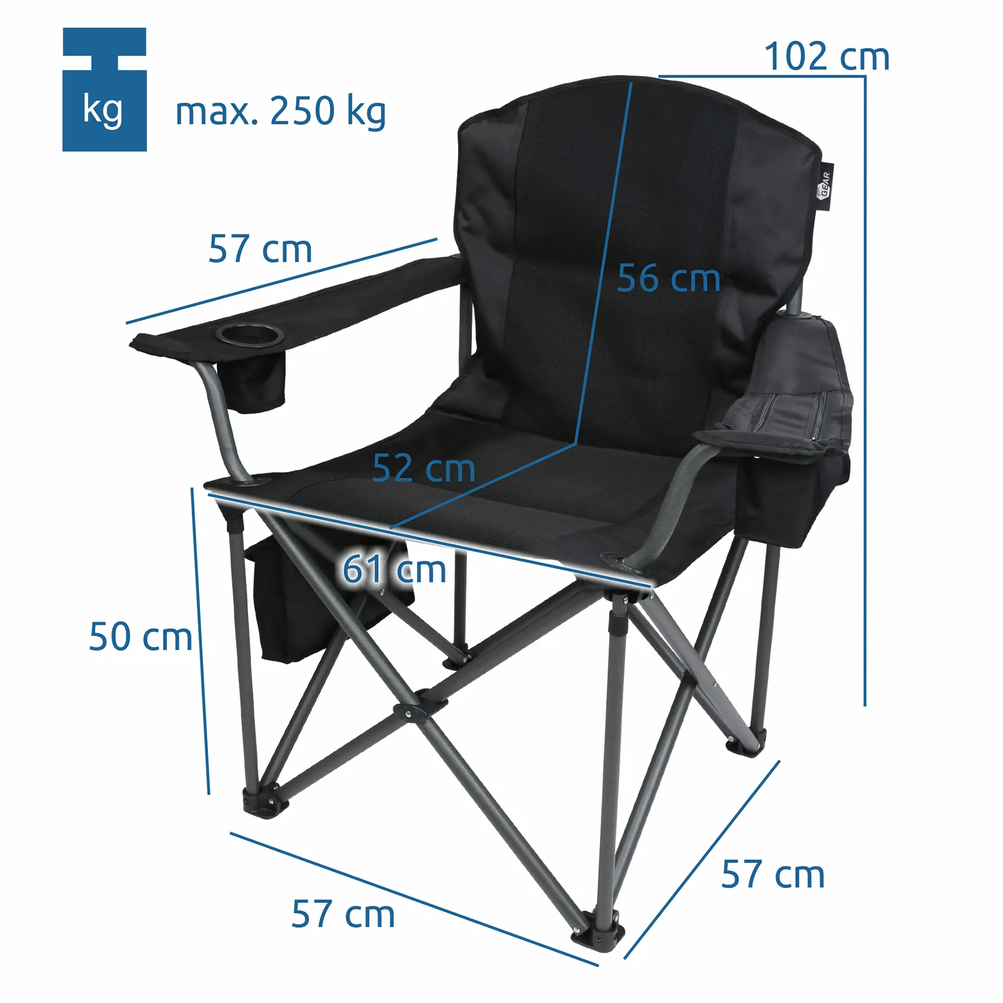 Sedia da campeggio your GEAR Fano nera con struttura robusta pieghevole, portata fino a 250 kg, schienale alto, portabicchiere, borsa termica, organizer e dimensioni dettagliate in centimetri visibili.